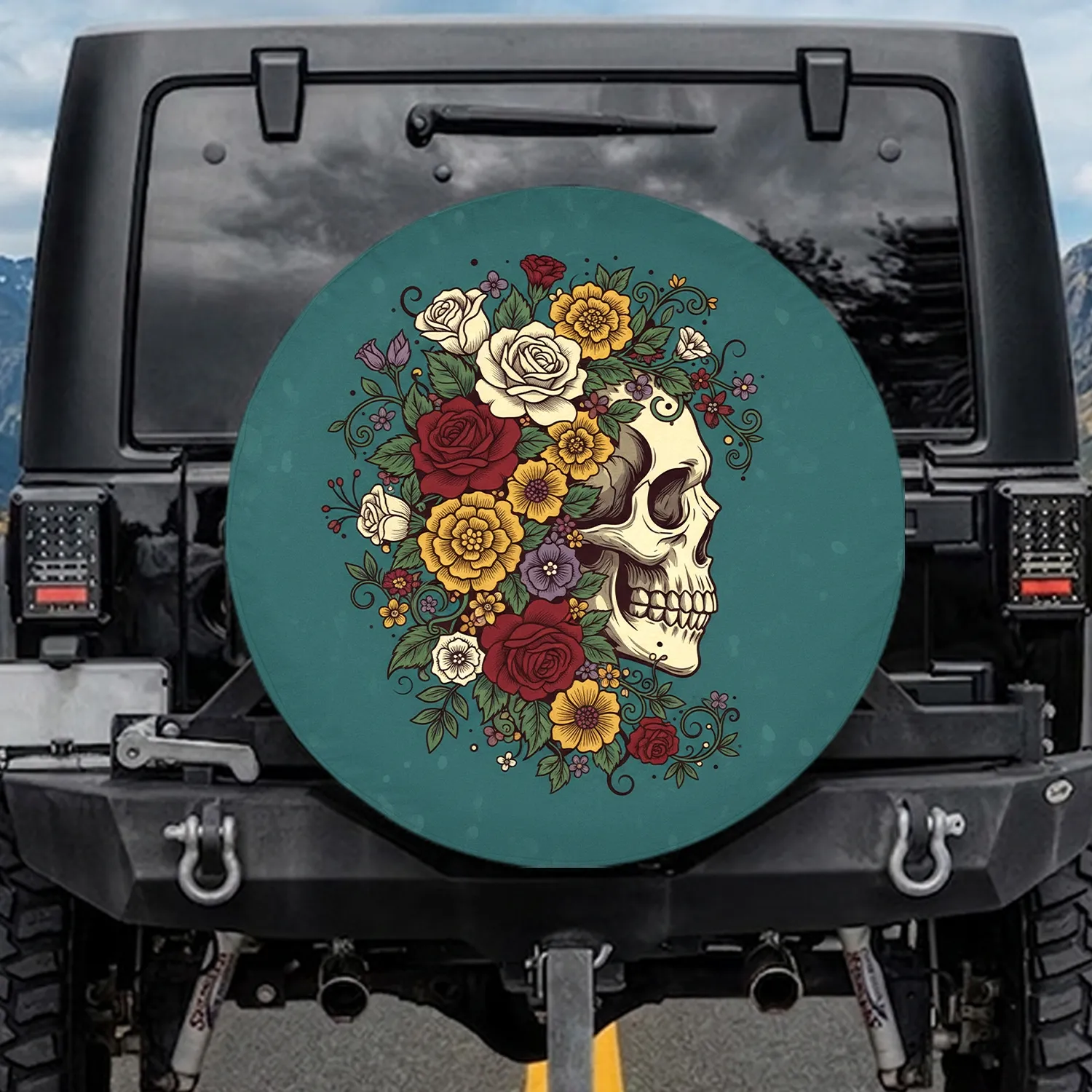 Teal Turquoise Skull Roses Marigolds Blossoms Foliage Vines - Art Lover Home Decor Gift Spare Tire Cover - 1