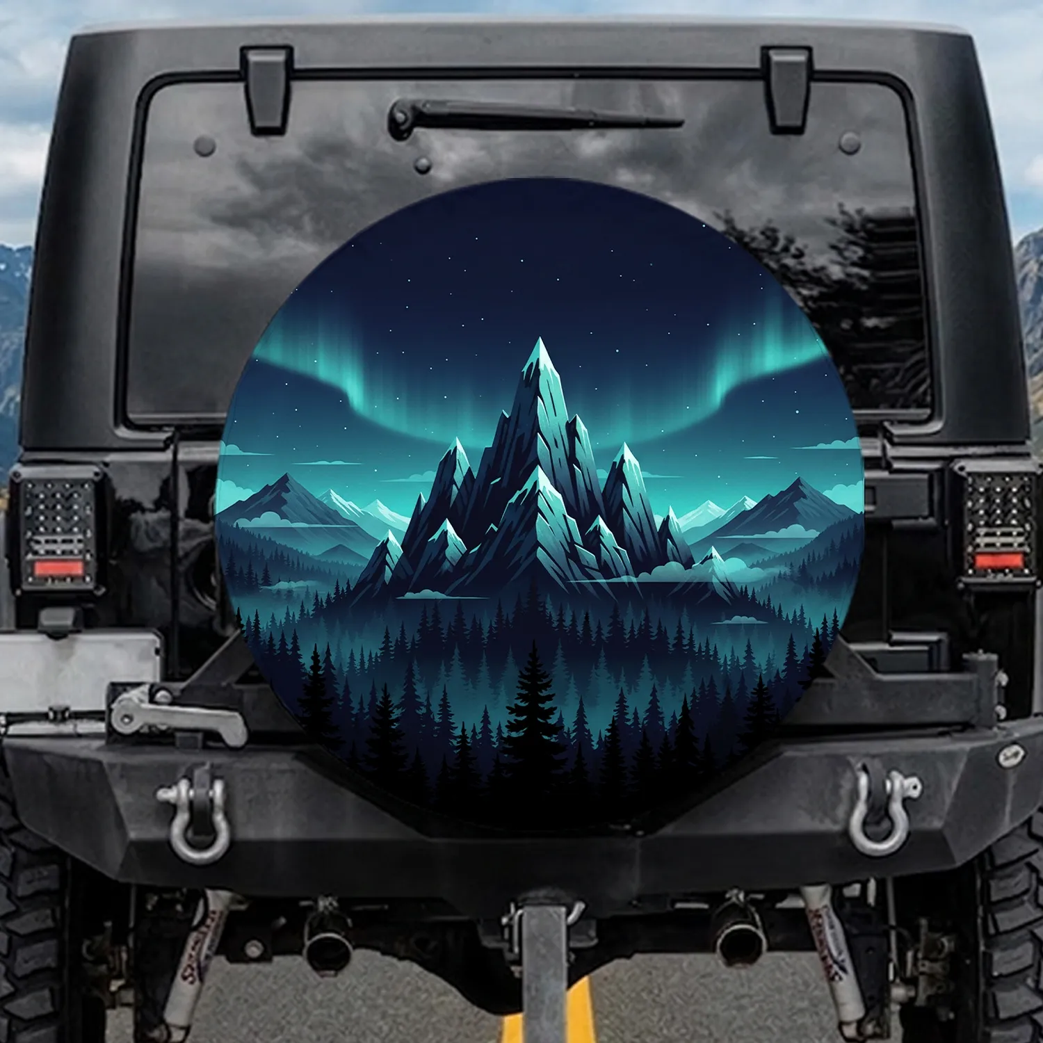 Mountain Peaks Pine Forest Night Sky Aurora - Outdoor Adventure Gift Spare Tire Cover - 1