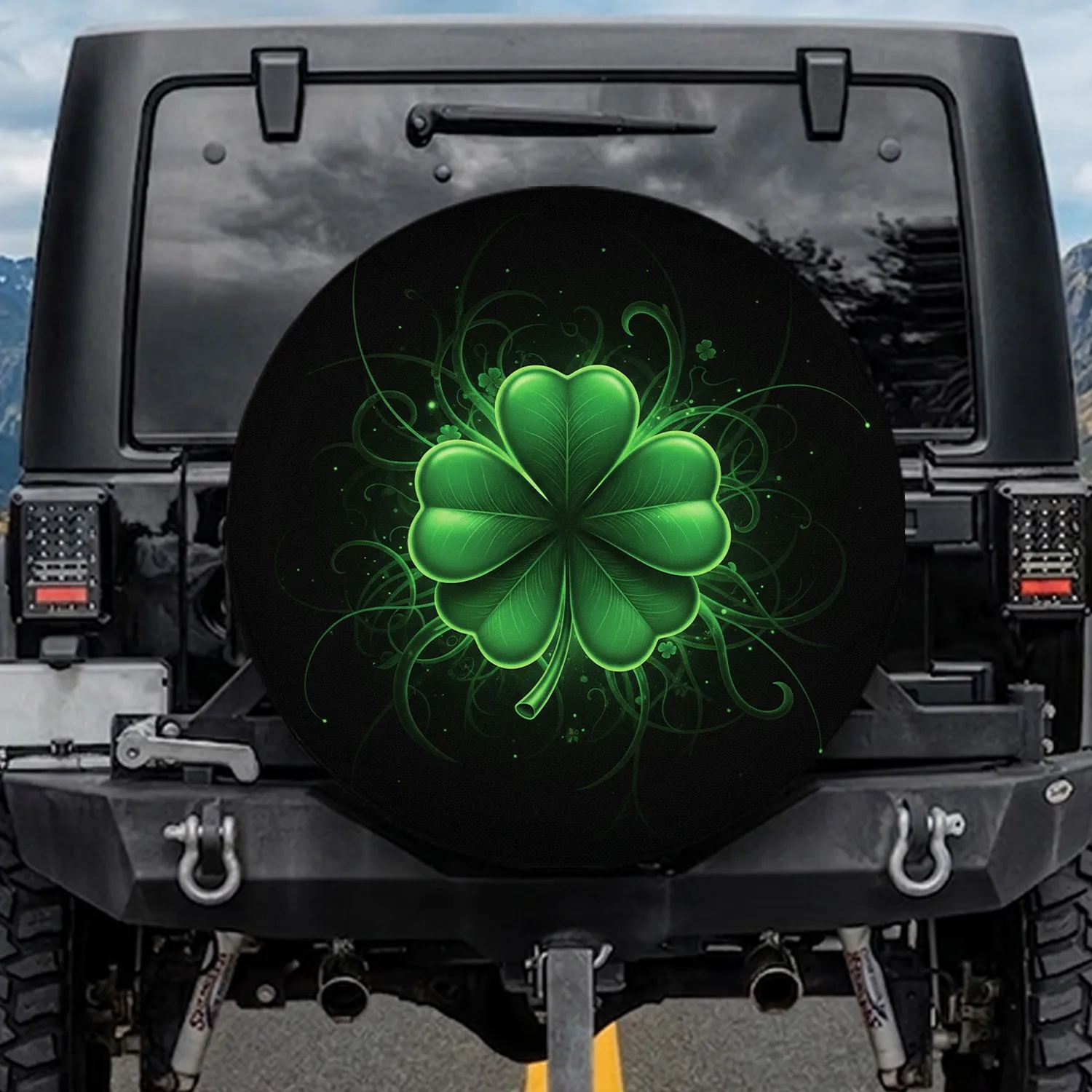 Green Four-Leaf Clover Organic Vines Midnight Black - Good Luck Charm Gift Spare Tire Cover - 1