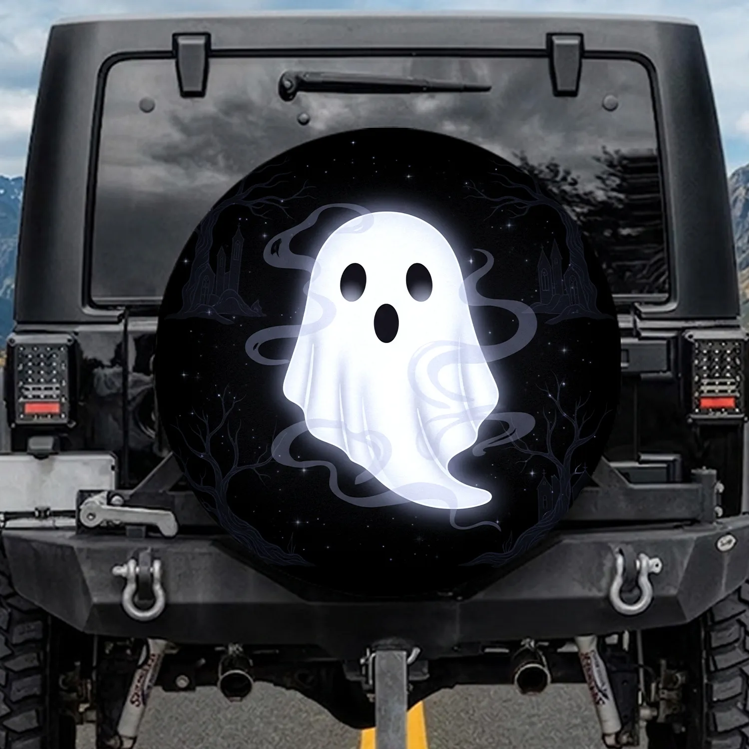 Boo Ghost Figure Swirling Mist Gnarled Branches Halloween Decor Gift Spare Tire Cover - 1