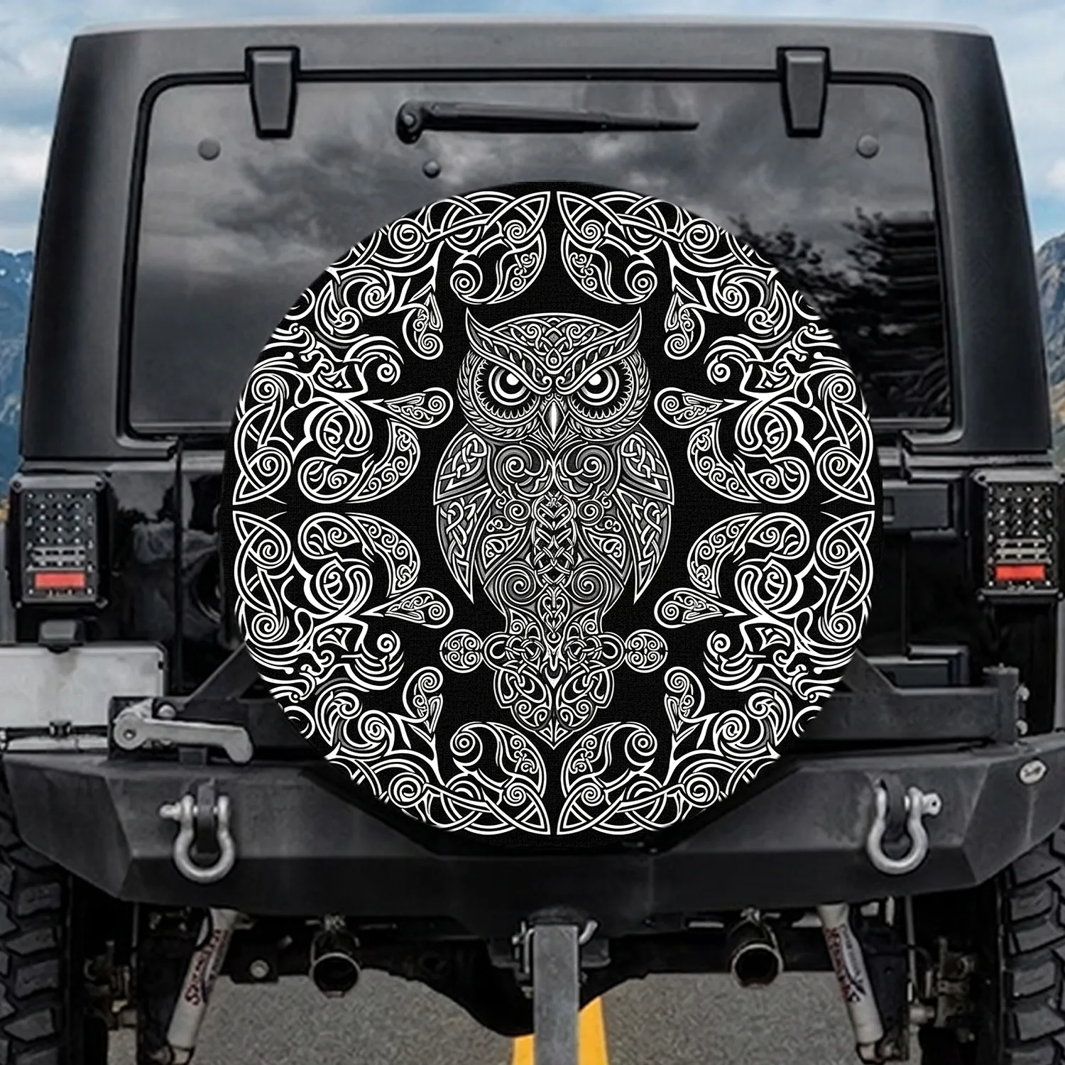 Celtic Knotwork Owl Monochromatic Black White - Home Decor Gift for Wildlife Lover Spare Tire Cover - 1