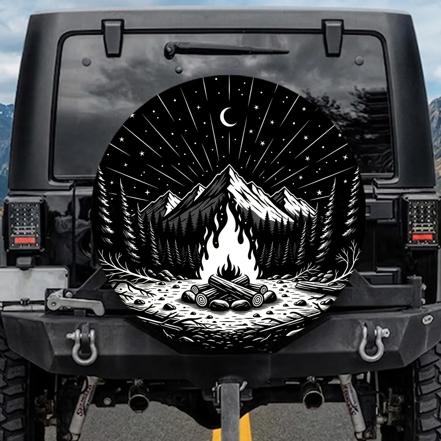 Camping Bonfire Mountain Pine Trees Starry Sky Moon - Outdoor Adventure Travel Gift for Campers Spare Tire Cover - 1