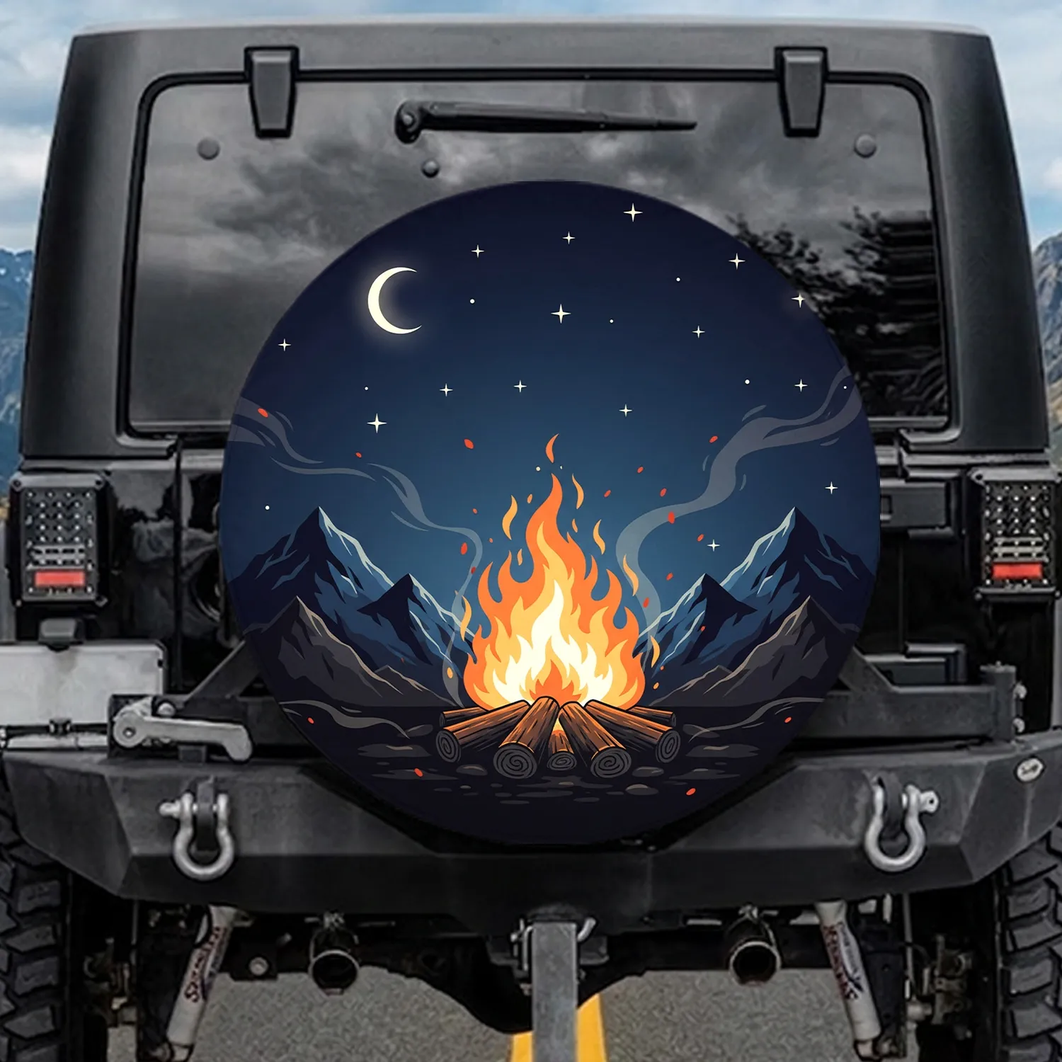 Campfire Mountain Moon Stars Night Sky - Outdoor Adventure Gift Spare Tire Cover - 1