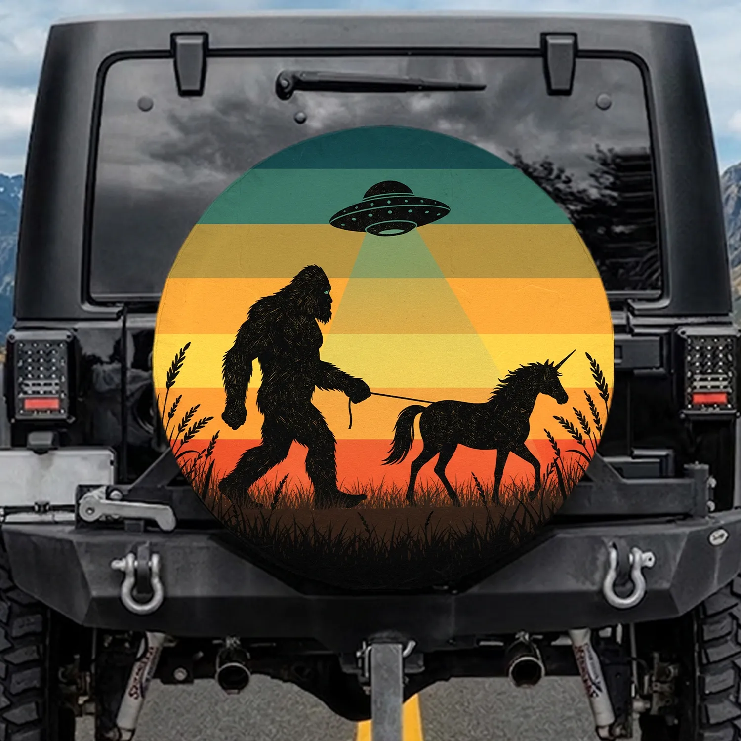 Bigfoot Unicorn UFO Sunset Sky - Outdoor Adventure Gift for Outdoor Enthusiasts Spare Tire Cover - 1