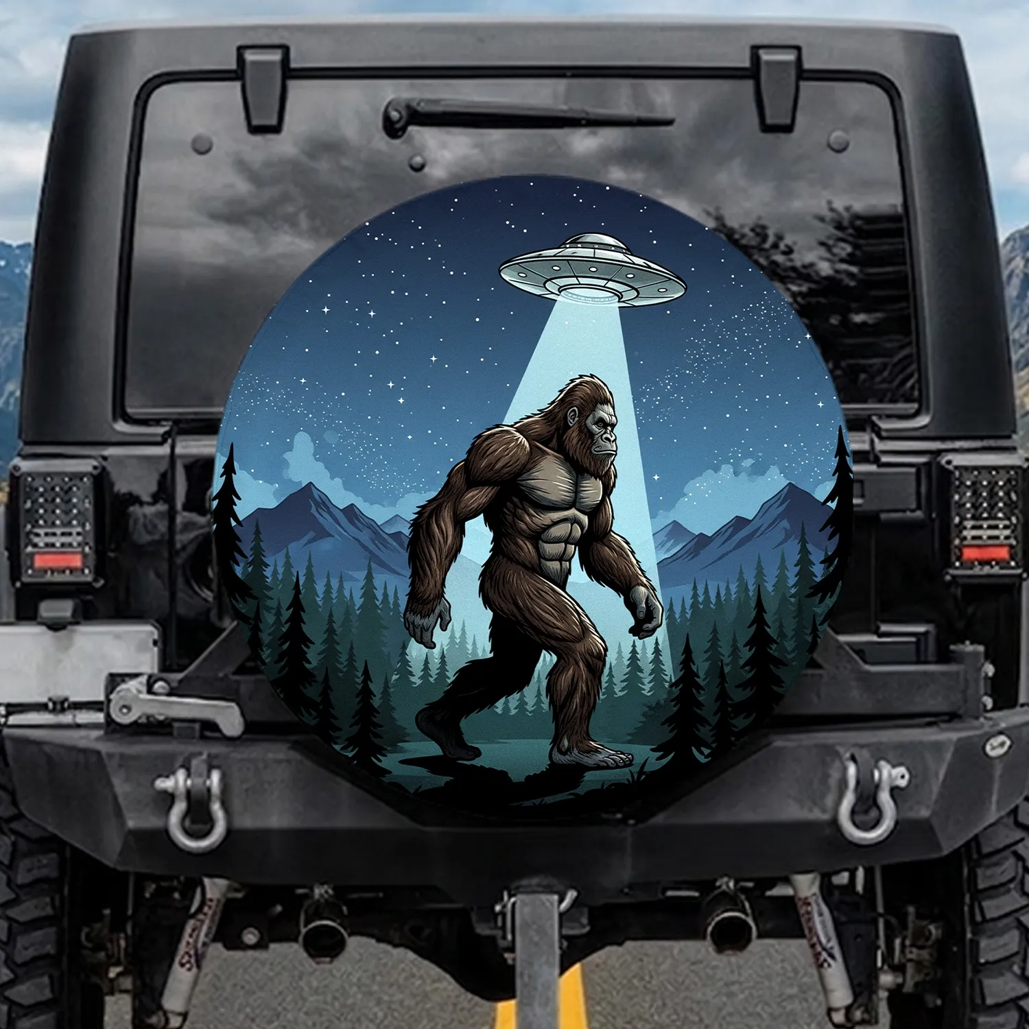 Bigfoot Sasquatch UFO Night Sky Forest - Legendary Creature Gift Spare Tire Cover - 1