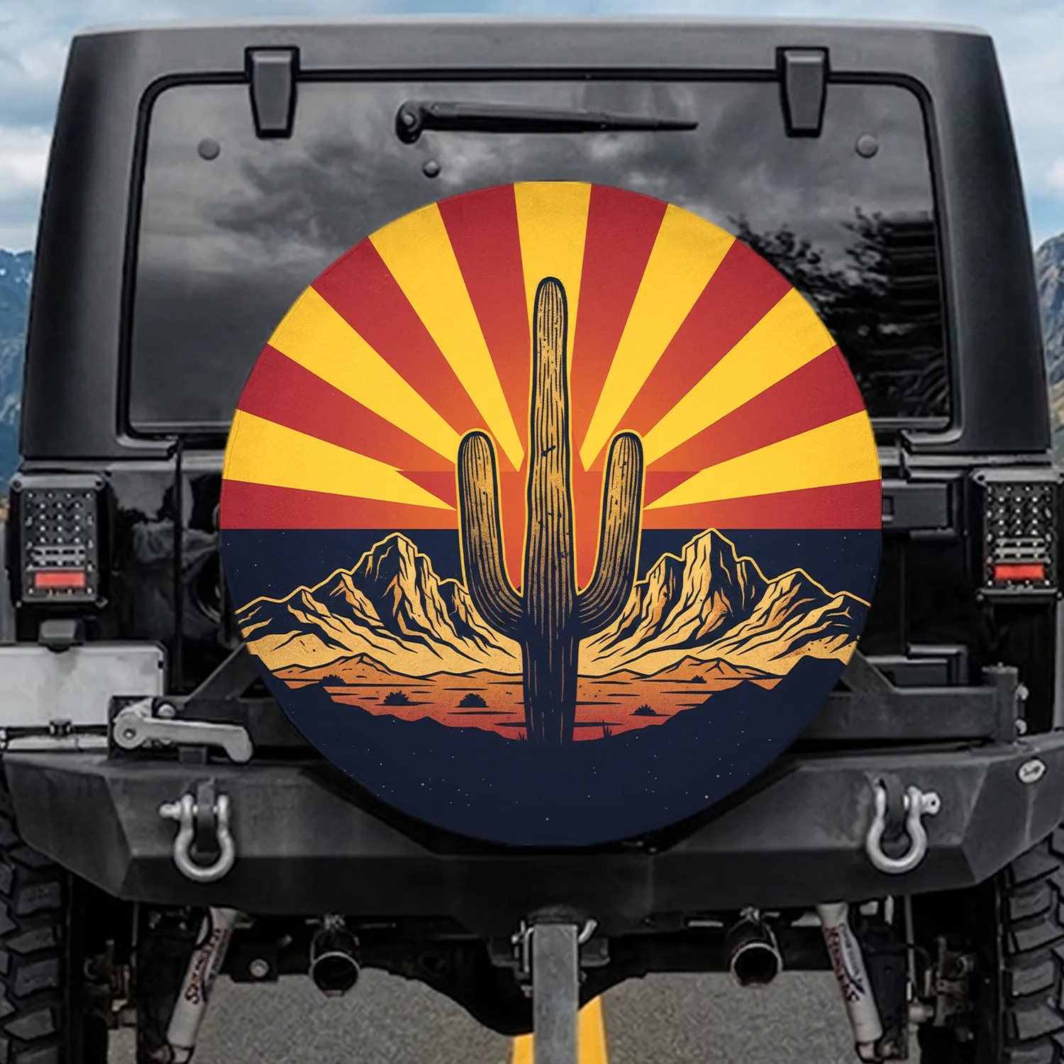 Saguaro Cactus Arizona Flag Sunburst Desert Mountain - Outdoor Lover Gift Spare Tire Cover - 1