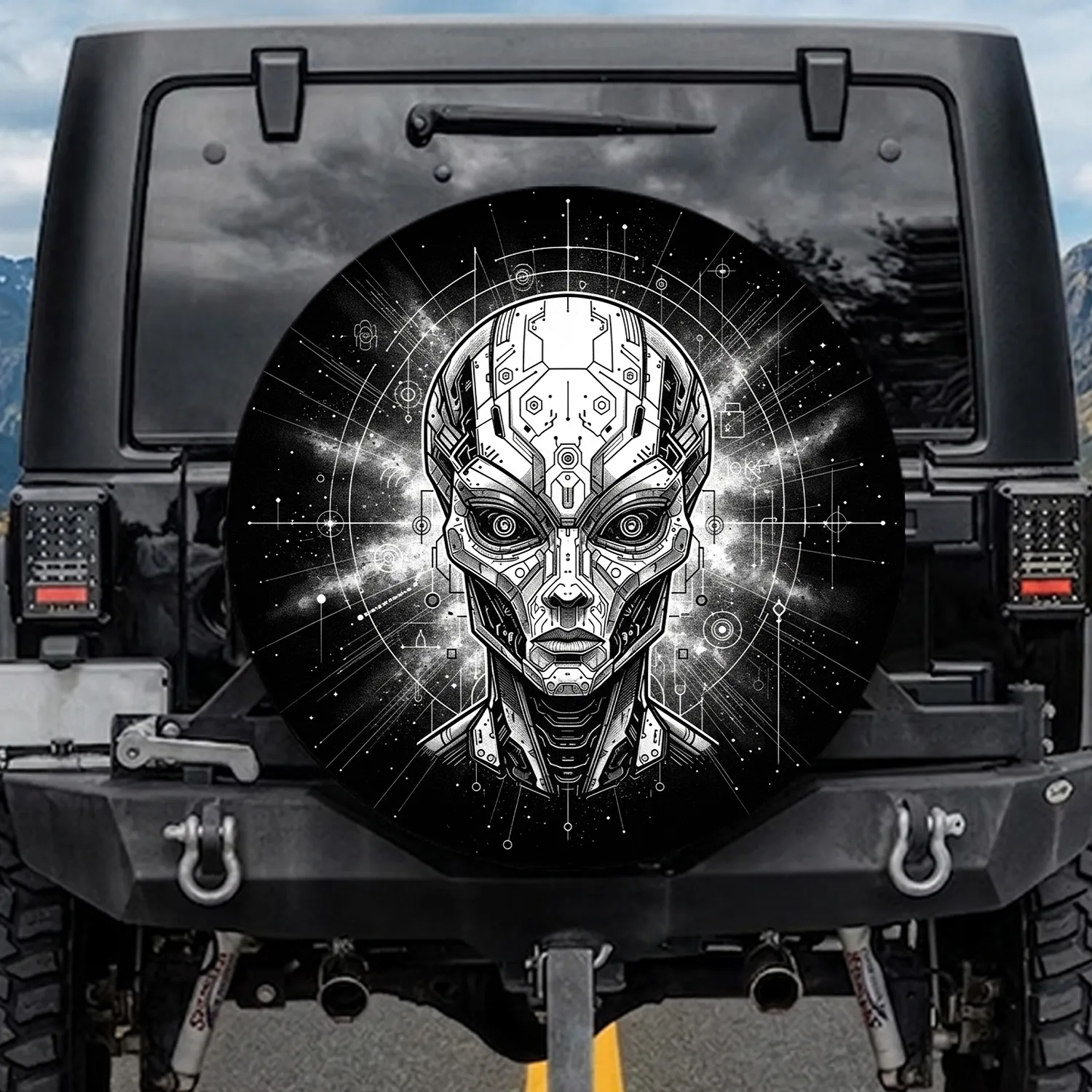 Futuristic Alien Head Cosmic Nebula - Sci-Fi Lover Gift for Space Enthusiast Spare Tire Cover - 1