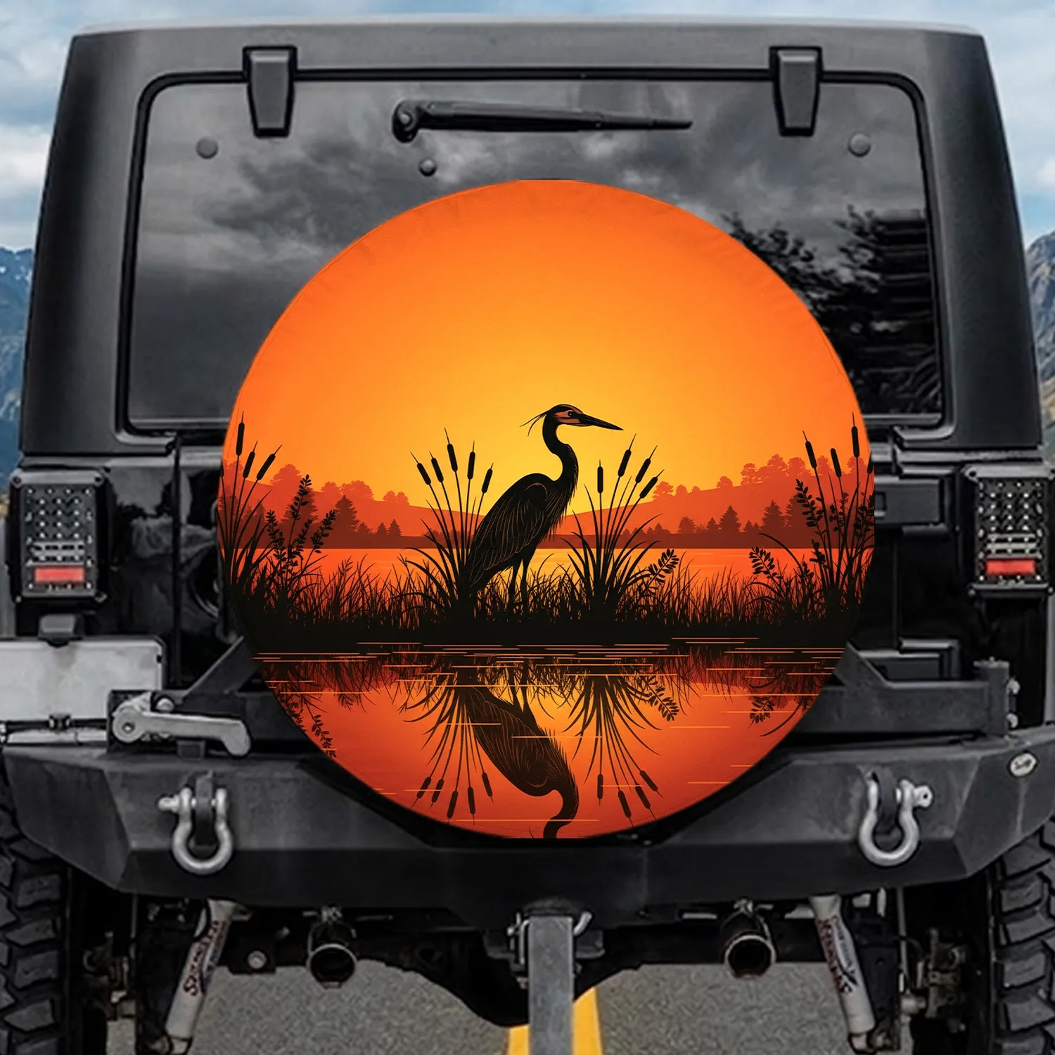 Majestic Great Blue Heron Marsh Cattails Silhouette Orange Sky - Wildlife Lover Gift Spare Tire Cover - 1