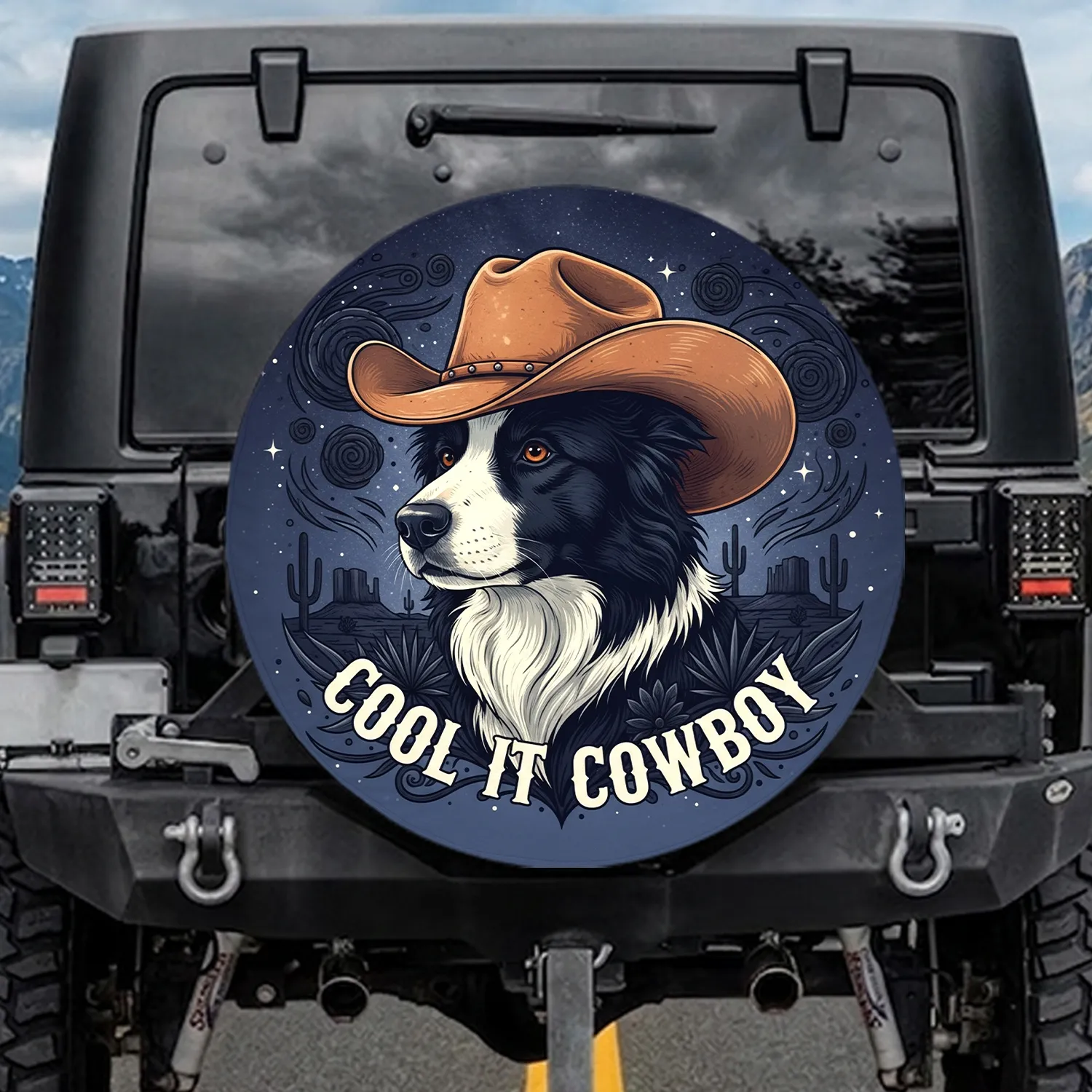 Cool It Cowboy Border Collie Dog Cowboy Hat - Western Lifestyle Gift Spare Tire Cover - 1