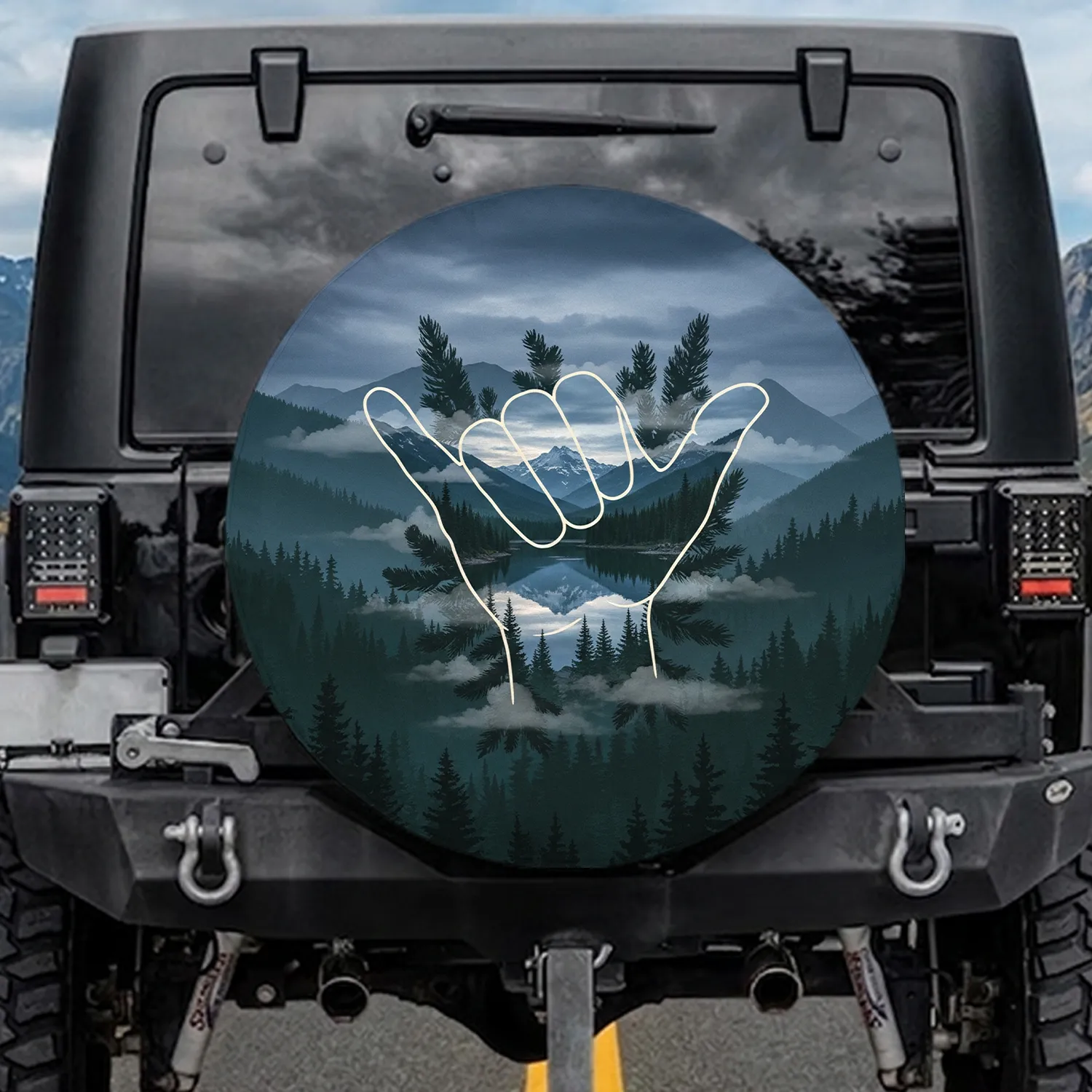 Shaka Hang Loose Hand Mountain Lake Landscape Forest Pine - Outdoor Adventure Nature Lover Gift Spare Tire Cover - 1