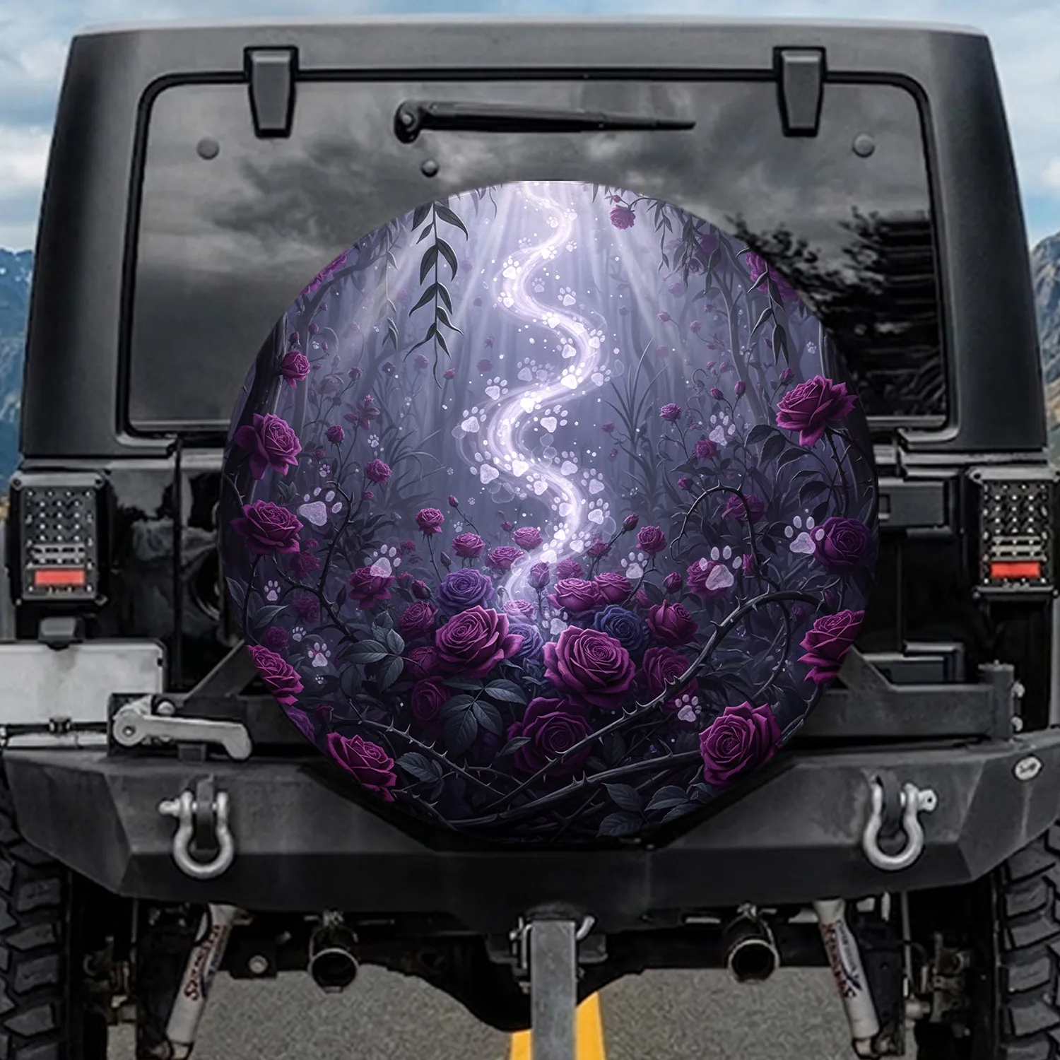 Ghostly Paw Prints Purple Roses Dark Gothic Flora - Halloween Decor Gift Spare Tire Cover - 1