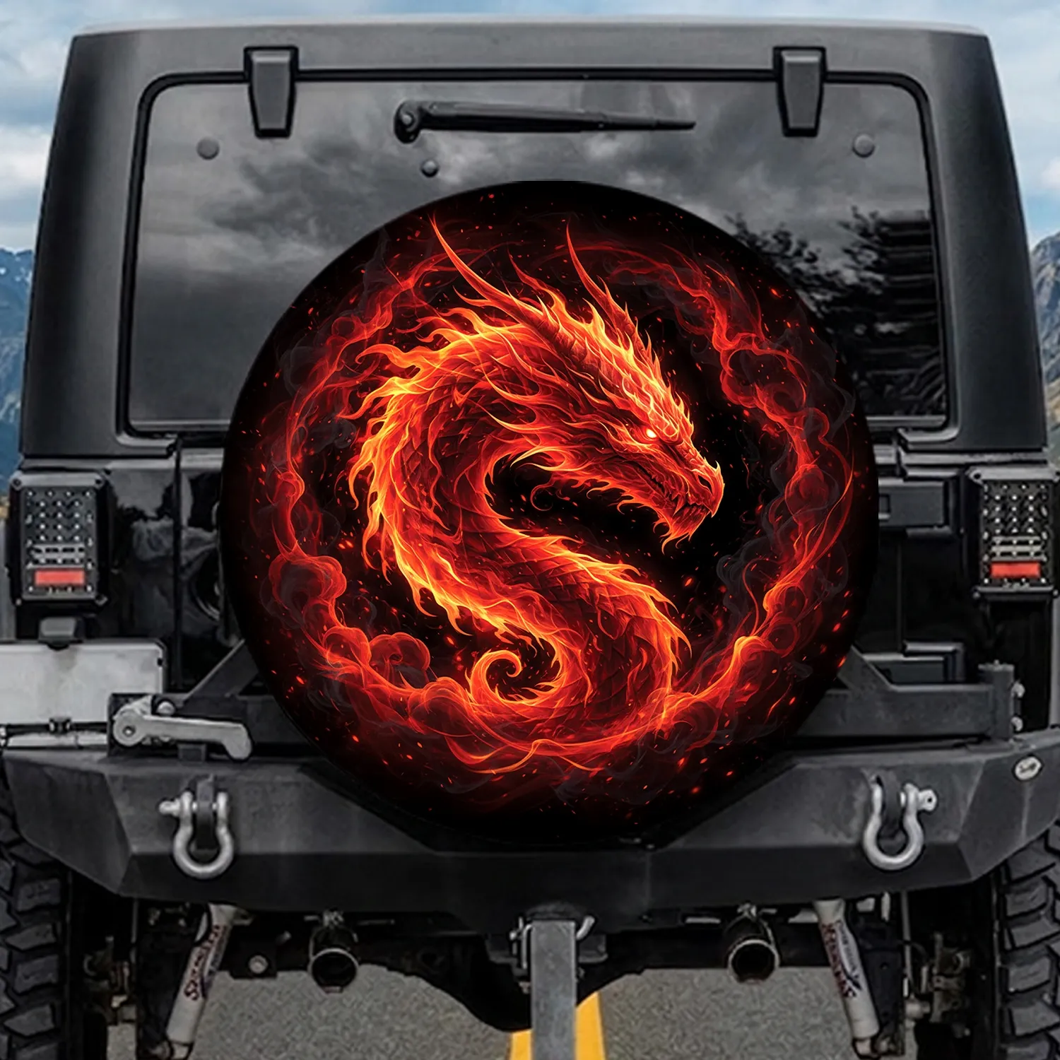 Glowing Fiery Dragon Head Flames Embers - Mythical Beast Fantasy Adventure Lover Gift Spare Tire Cover - 1