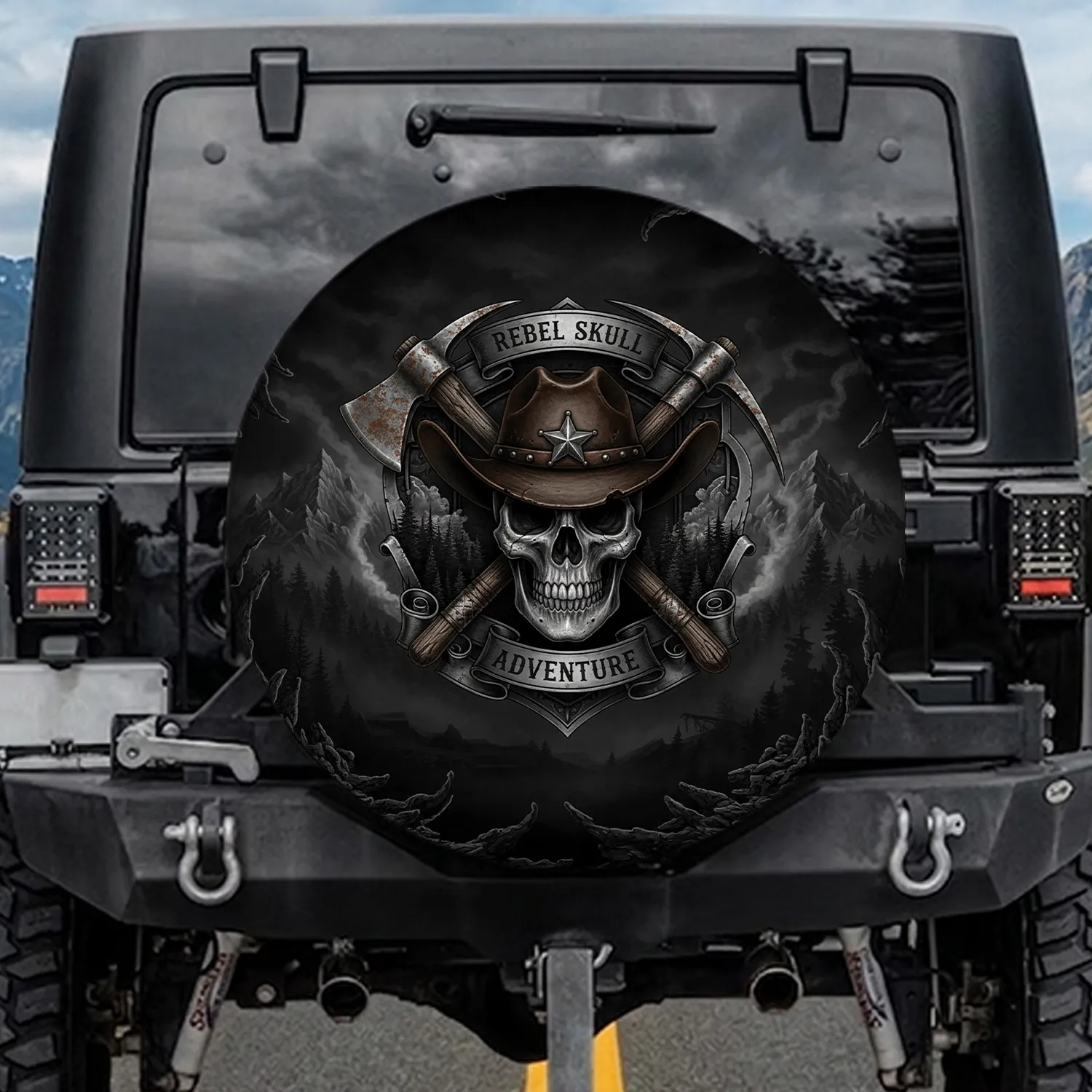 Rebel Skull Cowboy Hat Axe Shield - Rugged Lifestyle Gift for Adventurers Spare Tire Cover - 1