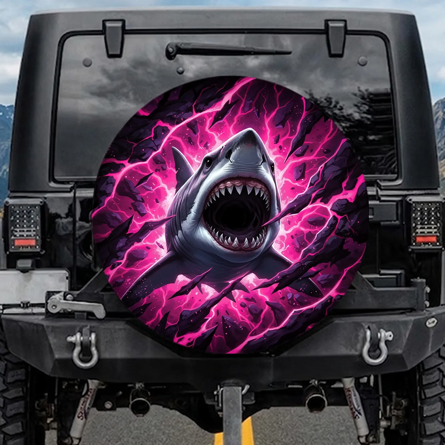 Menacing Shark Head Jaws Open Fuchsia Glow - Outdoor Adventure Gear for Drivers Spare Tire Cover - 1