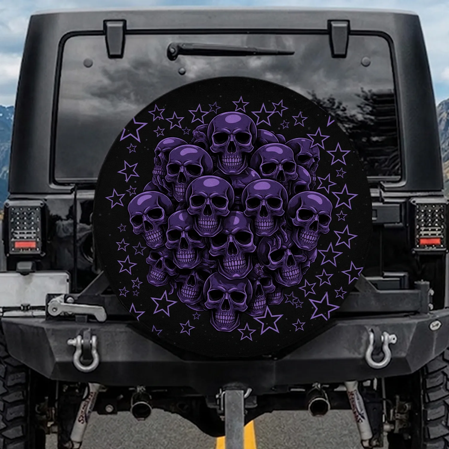 Human Skulls Five-Pointed Stars Deep Violet Black - Gothic Decor Gift for Dark Art Lovers Spare Tire Cover - 1