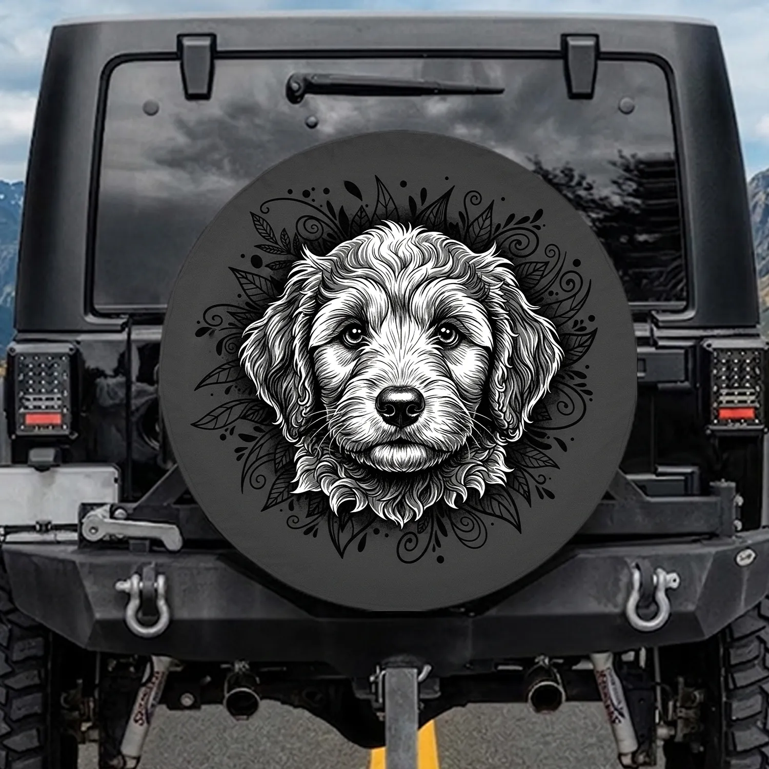 Charcoal Golden Doodle Puppy Head Portrait - Golden Doodle Lover Gift for Pet Owners Spare Tire Cover - 1