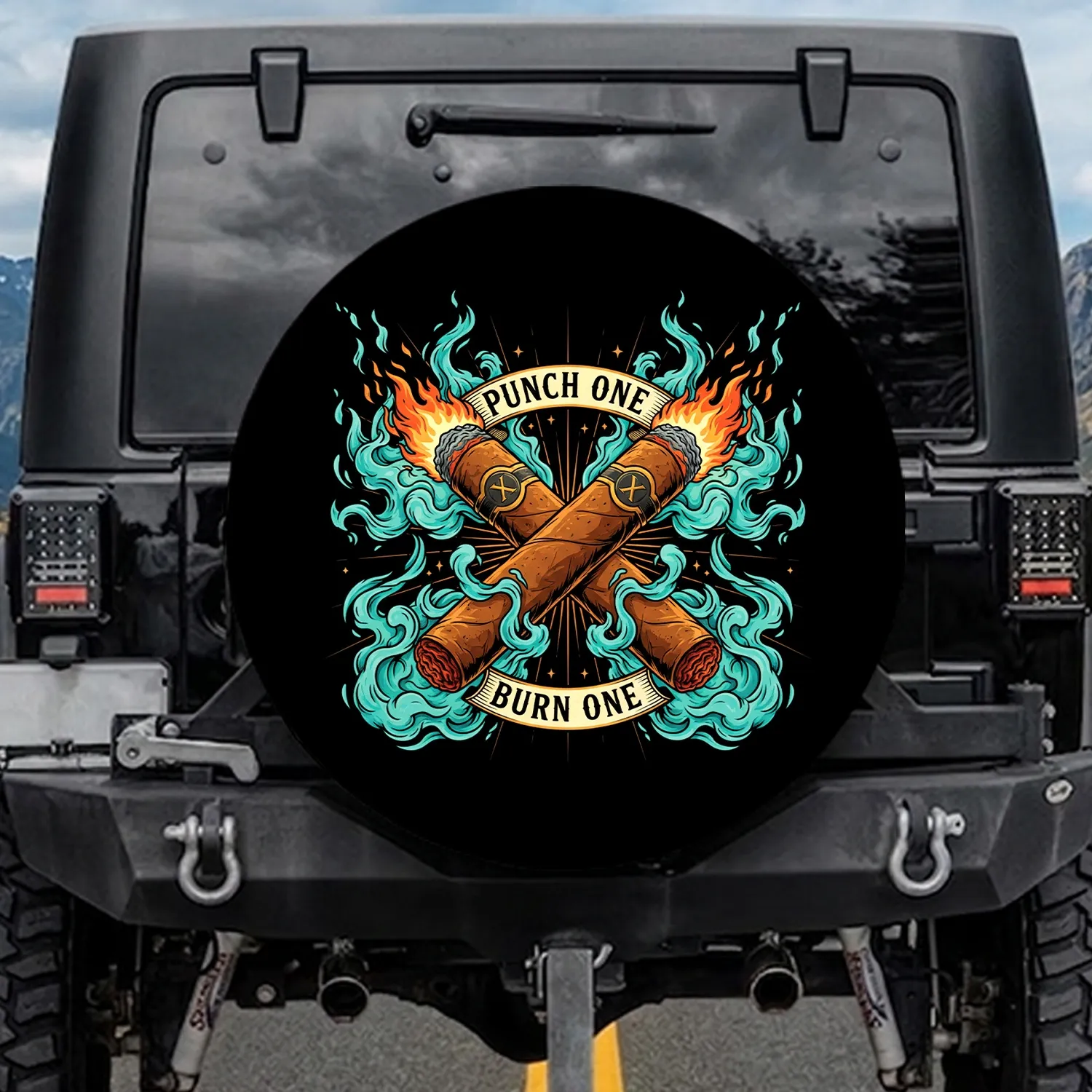 Vintage Crossed Cigars Flames Smoke Banners - Man Cave Decor Gift for Him Spare Tire Cover - 1