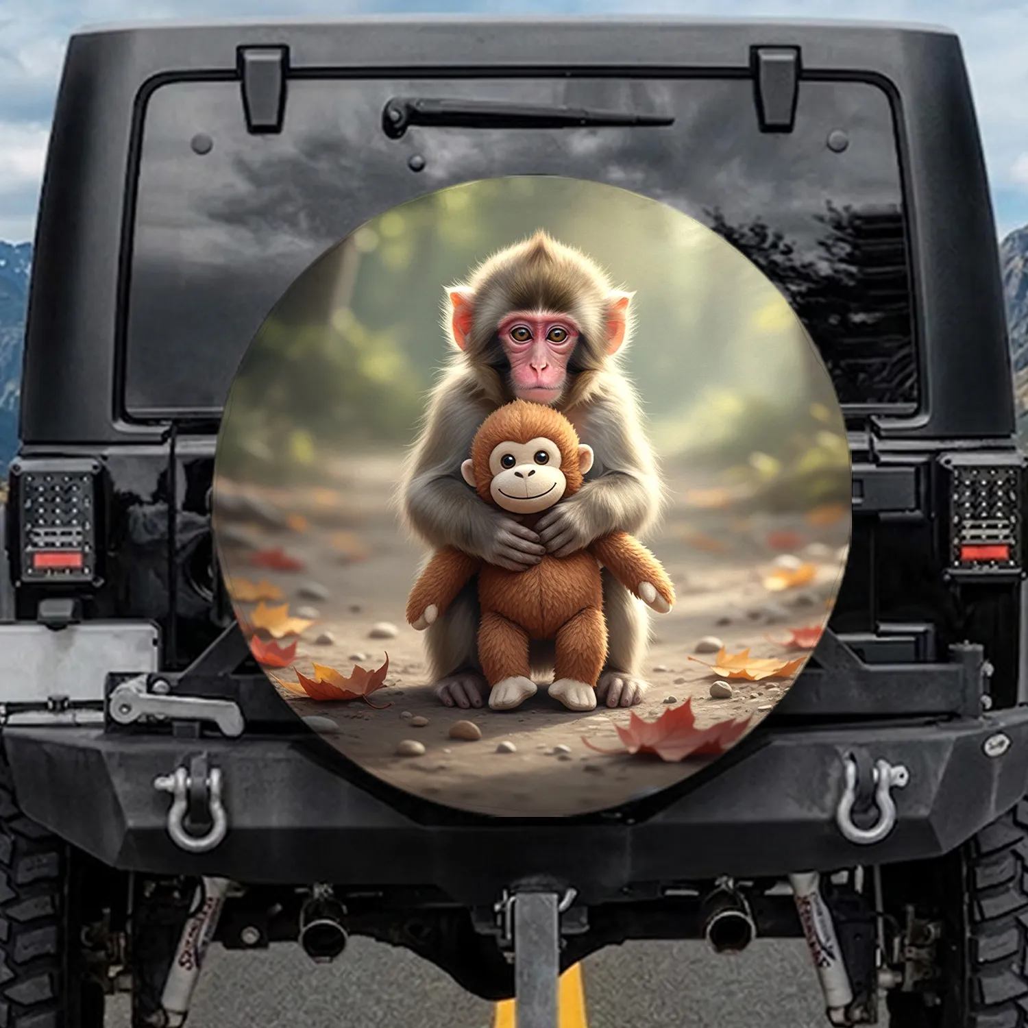 Baby Snow Monkey Hugging Orangutan Toy Forest Scene - Wildlife Lover Gift Spare Tire Cover - 1