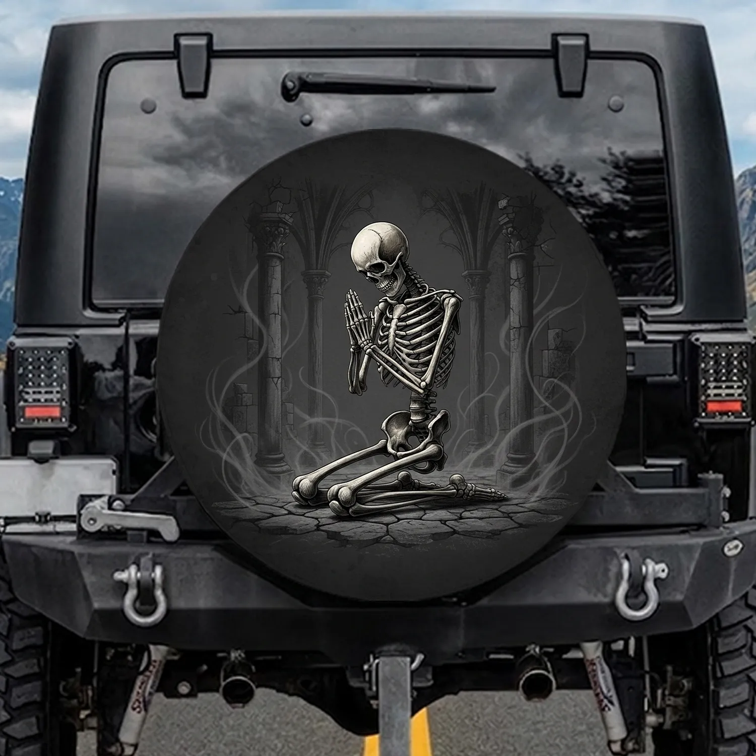 Praying Skeleton Aged Stone Gothic - Gothic Decor Gift Spare Tire Cover - 1