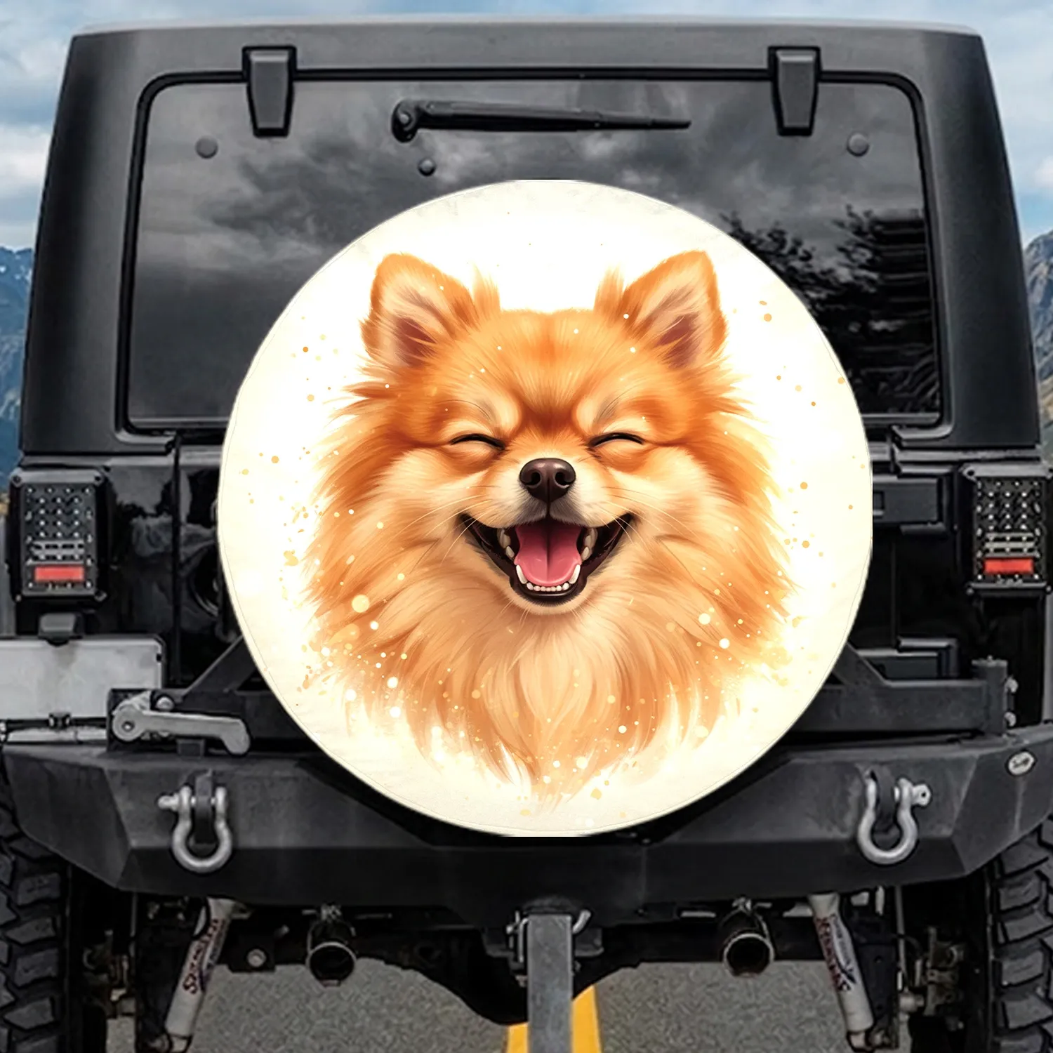 Fluffy Pomeranian Dog Winking Smile - Pet Owner Gift Spare Tire Cover - 1