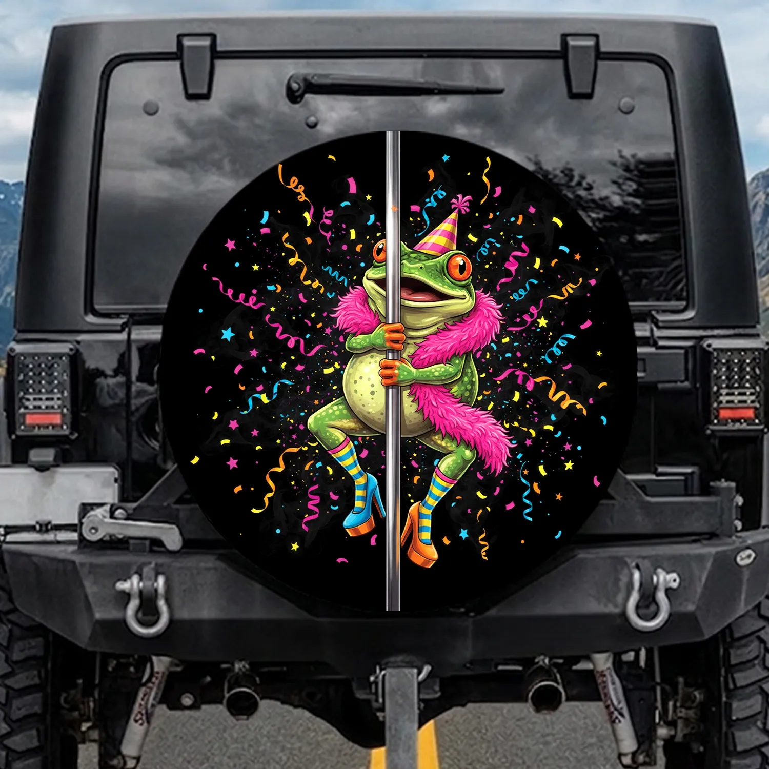 Green Frog Pink Boa Party Celebration - Event Gift for Party Goer Spare Tire Cover - 1