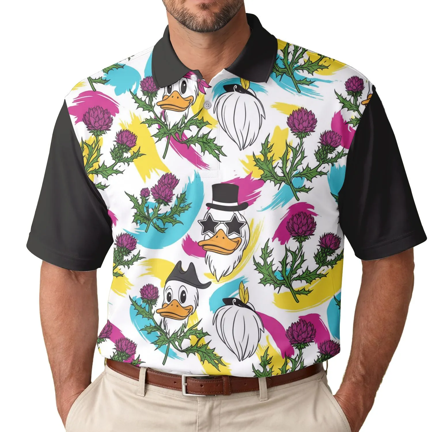 Cartoon Duck Heads Thistle Hats Sunglasses - Wildlife Lover Gift Men's Polo Shirt - 1