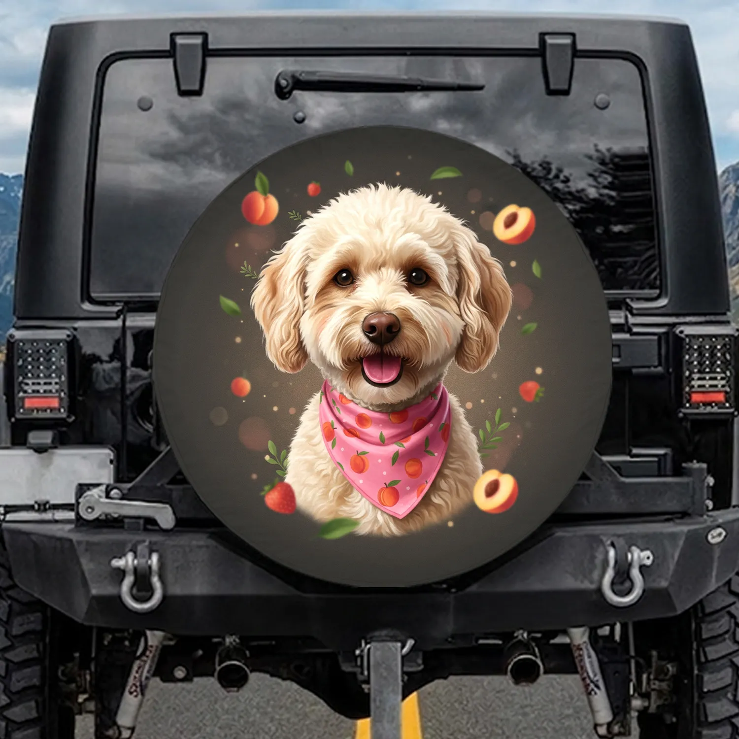 Fluffy Poodle Dog Head Pink Bandana Peaches Strawberries Foliage - Dog Lover Gift Spare Tire Cover - 1