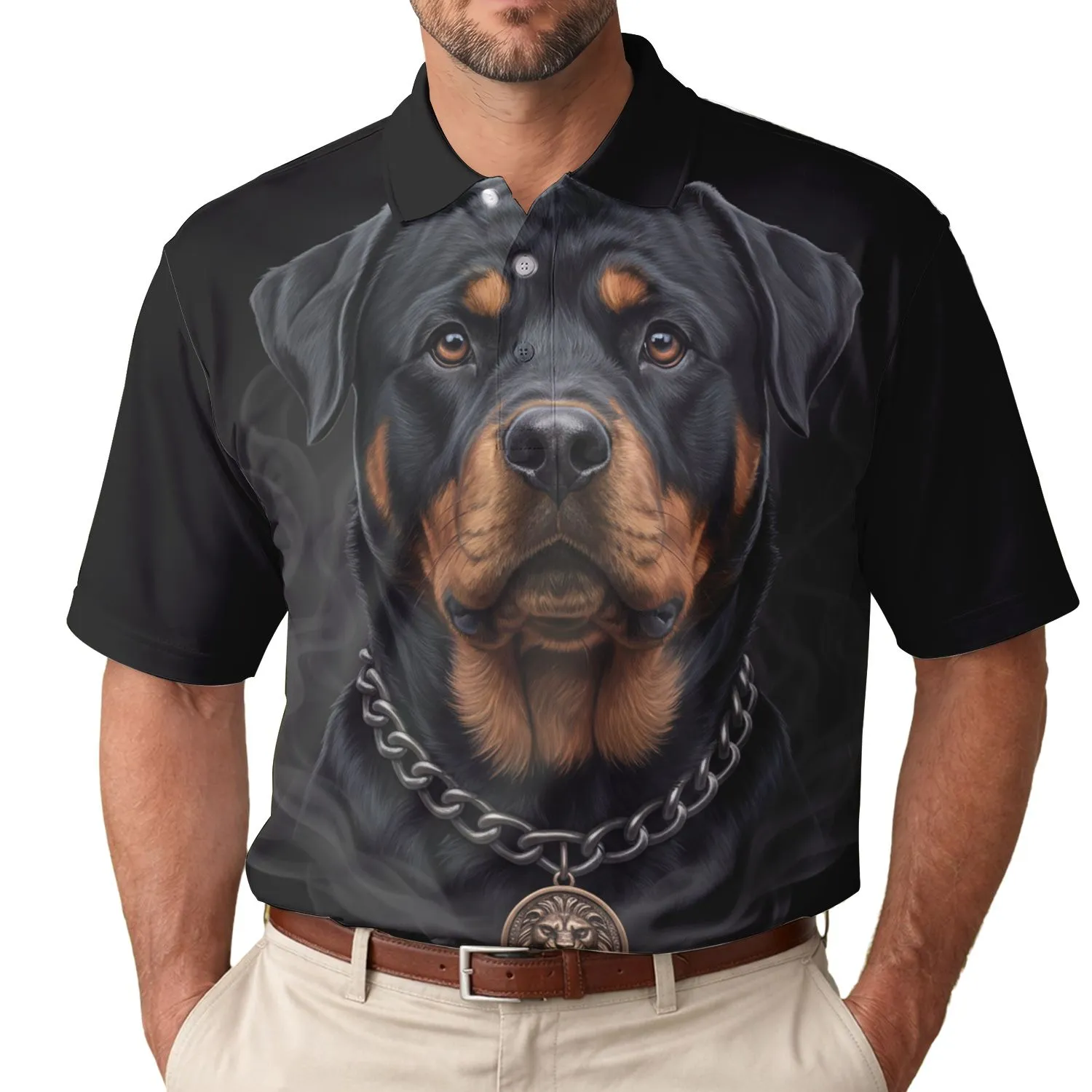Rottweiler with Metallic Chain Collar and Bronze Medallion - Dog Lover Gift for Owners Men's Polo Shirt - 1