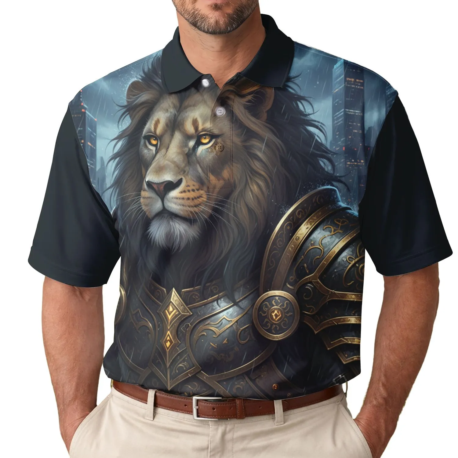 Armored Lion Urban Night Scene - Fantasy Lover Gift Men's Polo Shirt - 1