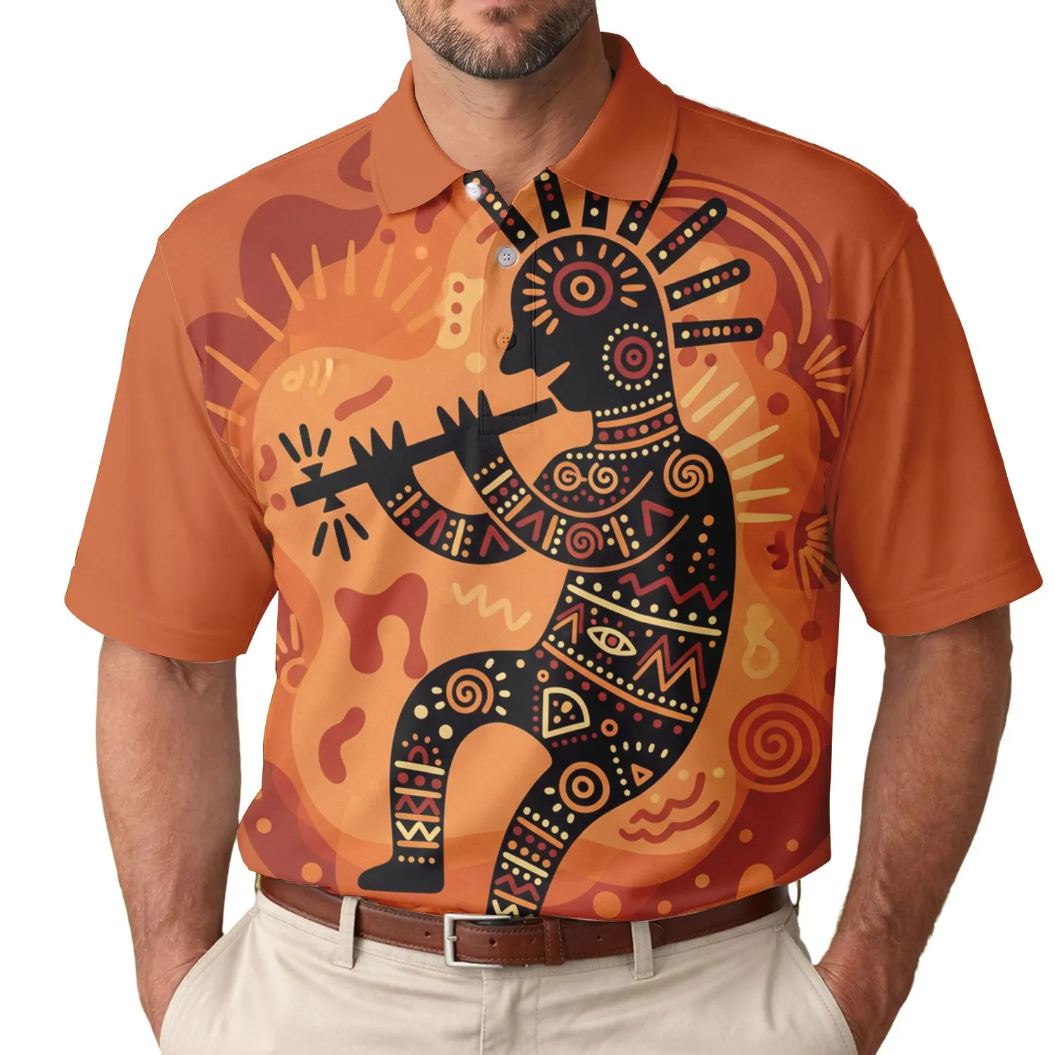 Black Kokopelli Figure Tribal Flute Player Sunburst - Rustic Lifestyle Gift Men's Polo Shirt - 1