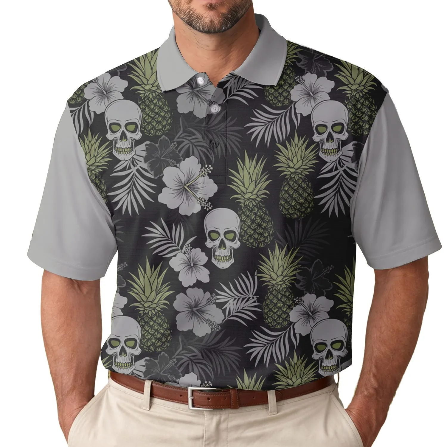 Skull Pineapple Hibiscus Tropical Foliage - Tropical Lifestyle Gift for Men Men's Polo Shirt - 1