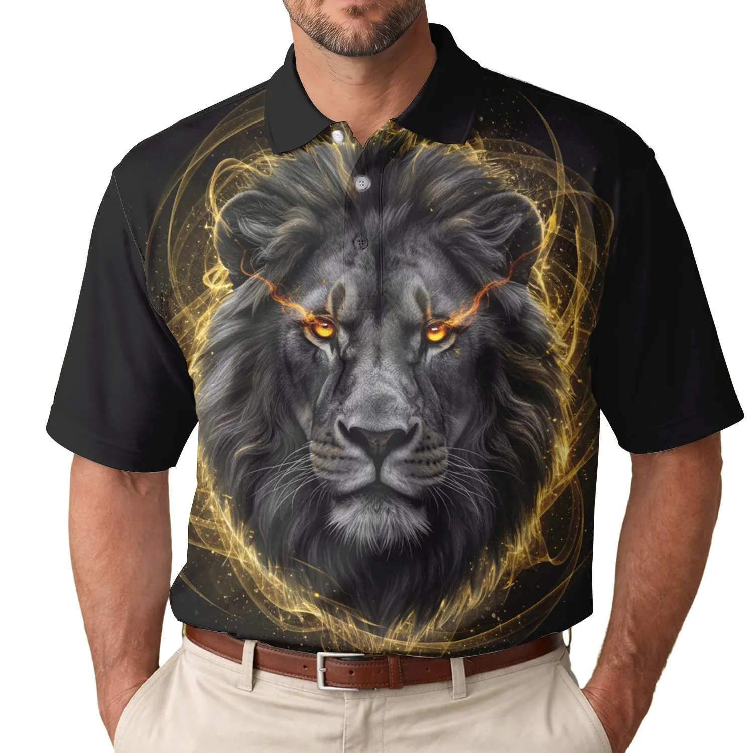 Lion Head Glowing Eyes Energy Tendrils Swirling Lines Black Background - Wildlife Lover Gift Men's Polo Shirt - 1