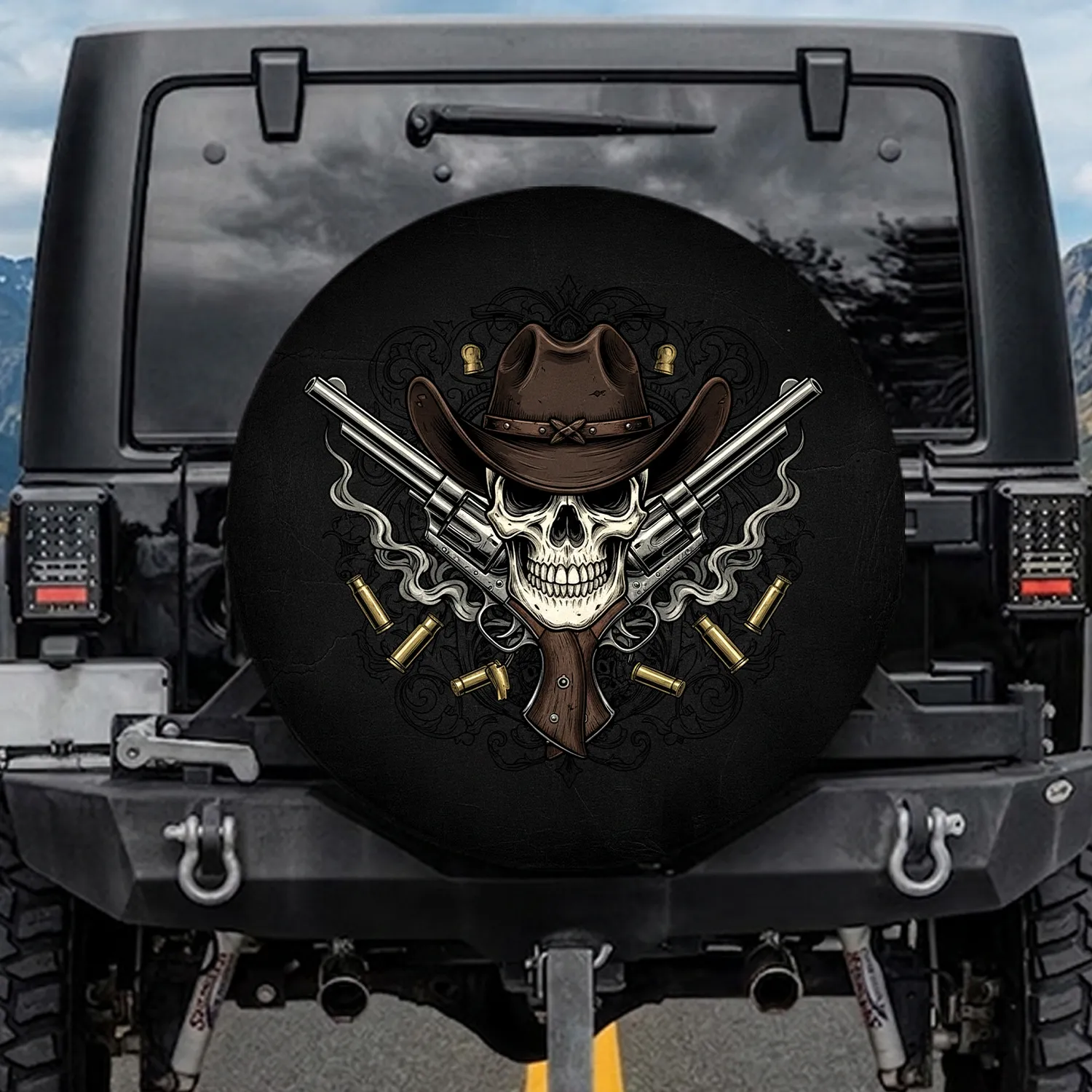 Skull Cowboy Hat Crossed Revolvers - Western Outlaw Enthusiast Gift Spare Tire Cover - 1