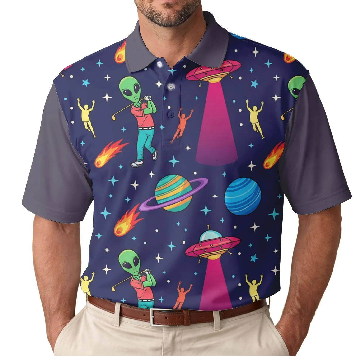 Cartoon Alien Golf Flying Saucer Abduction Planets Comet Stars - Sci-Fi Fan Gift Men's Polo Shirt - 1
