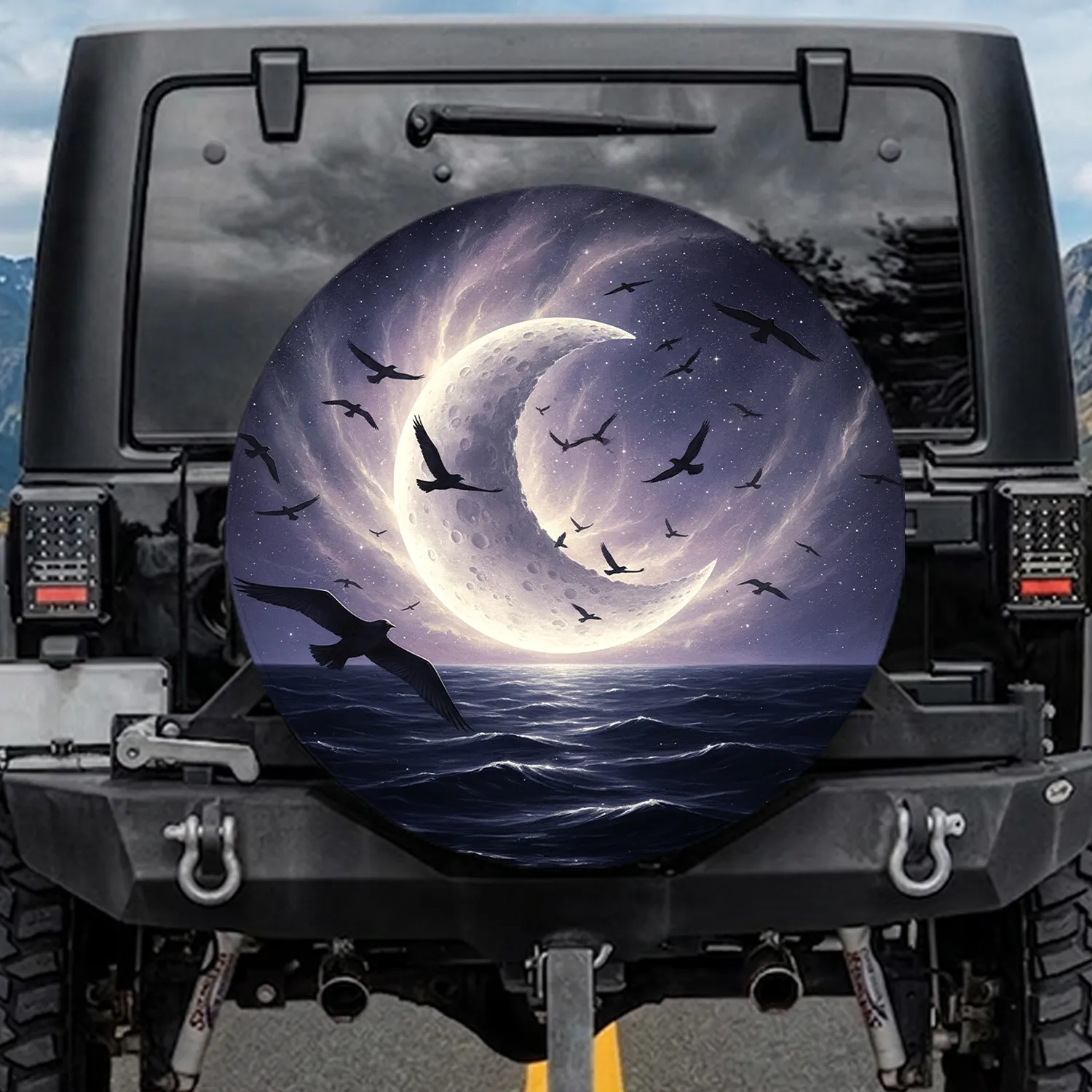 Luminous Crescent Moon Flying Birds Ocean Starry Sky - Celestial Home Decor Gift Spare Tire Cover - 1