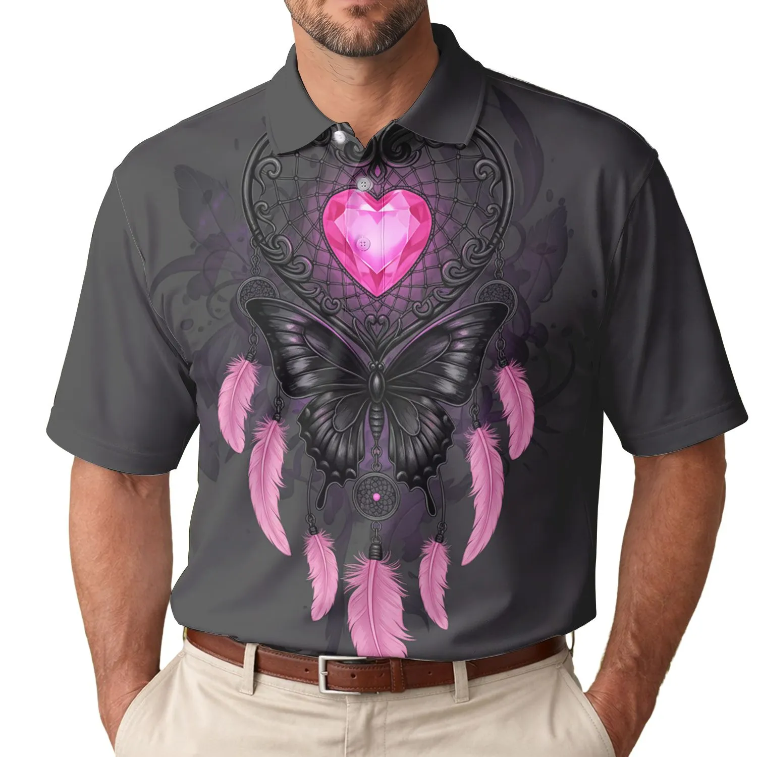 Ornate Black Heart Dreamcatcher Pink Butterfly Armored Wings Feathers - Boho Lifestyle Gift Men's Polo Shirt - 1