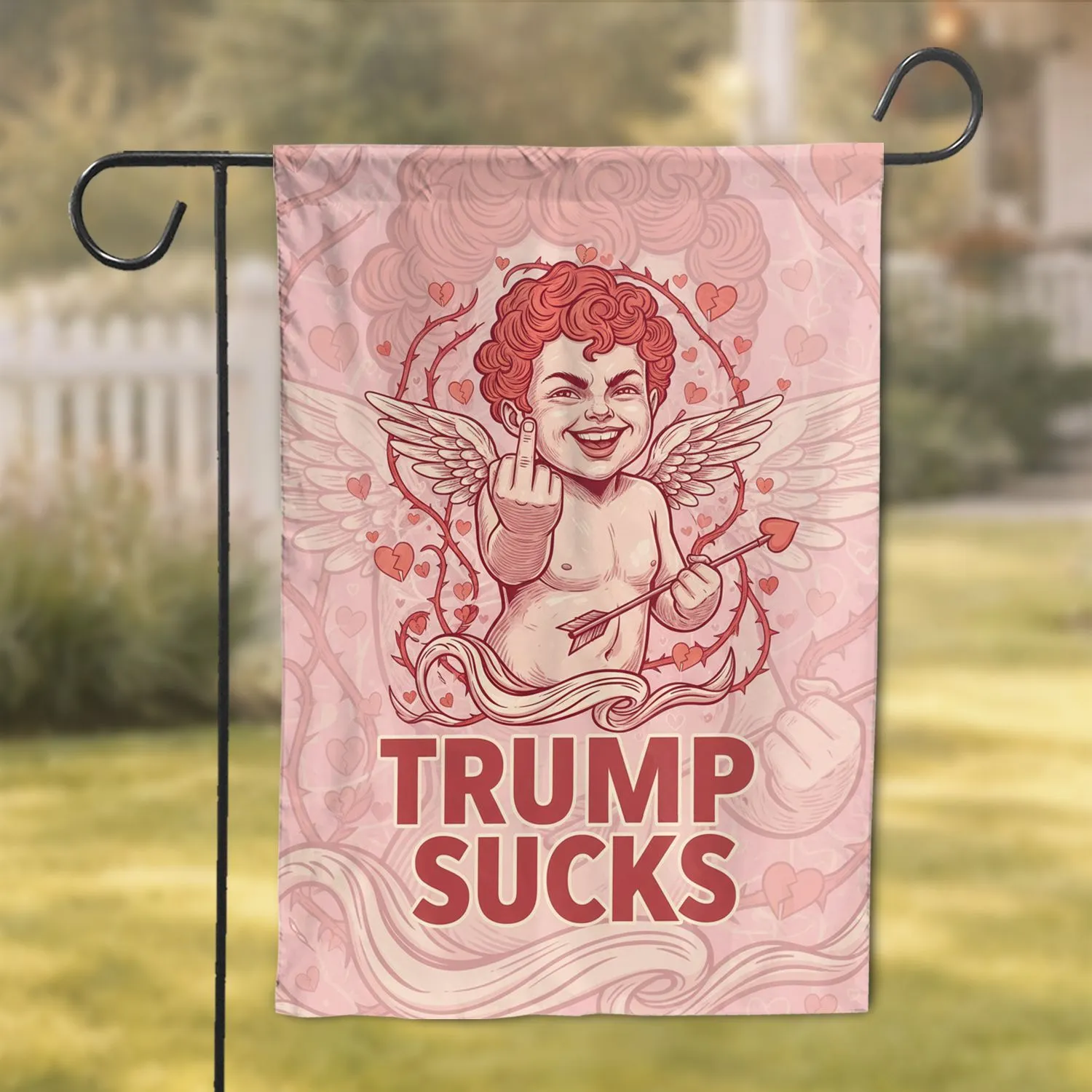Cherub Middle Finger Trump Sucks - Political Statement Gift Garden Flag - 1