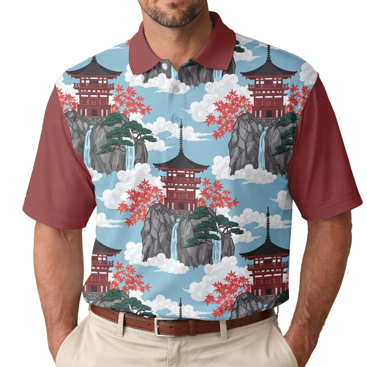 Japanese Pagoda Mountain Waterfall Maple Leaf Clouds - Asia Traveler Gift Men's Polo Shirt - 1