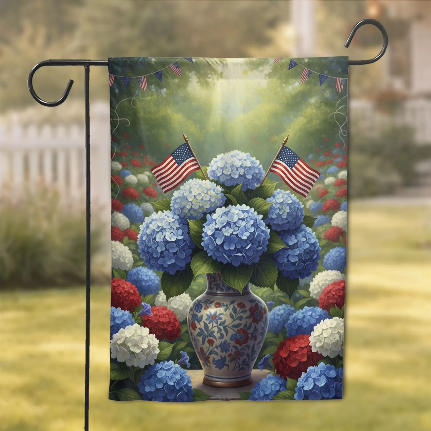Sun Drenched Garden Chinoiserie Vase American Flag Hydrangeas - Independence Day Home Decor Gift Garden Flag - 1