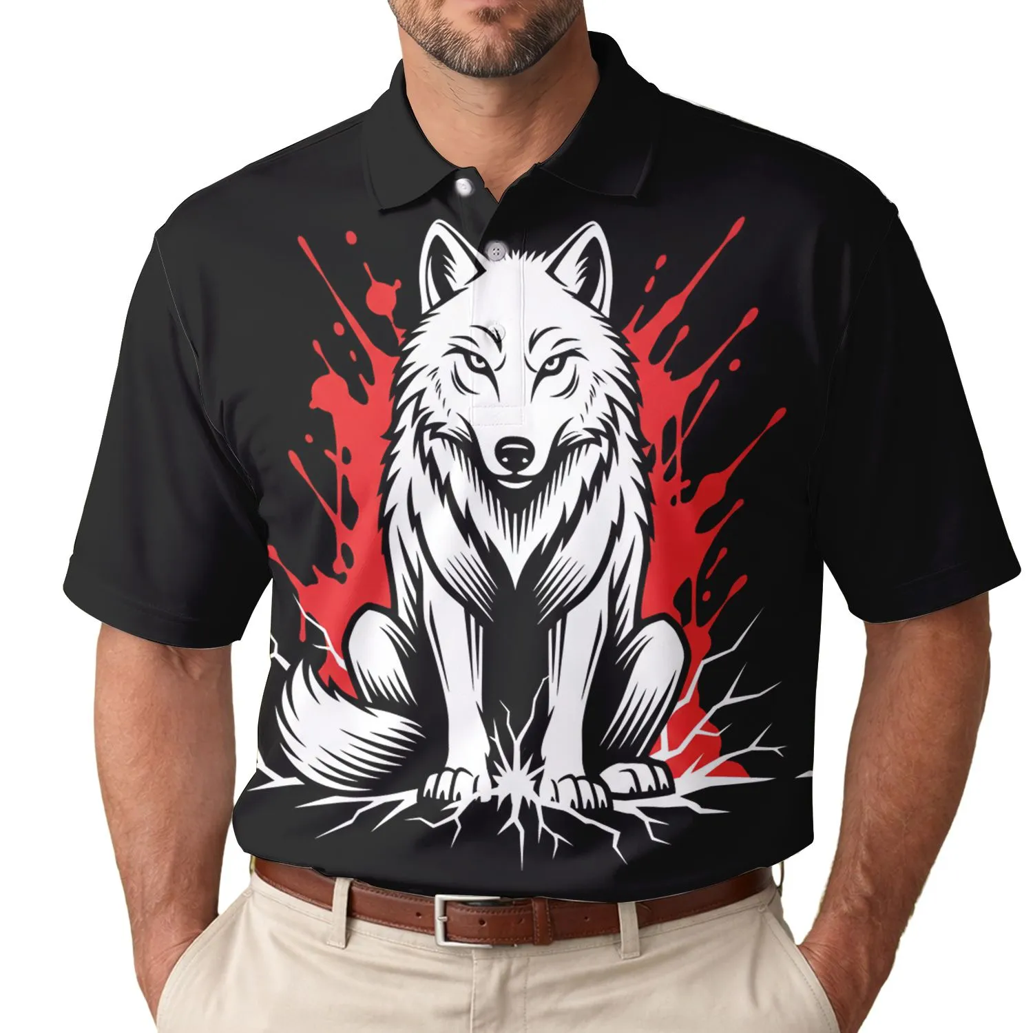 Seated White Wolf Red Splatters Radiating Energy - Primal Animal Lover Gift Men's Polo Shirt - 1
