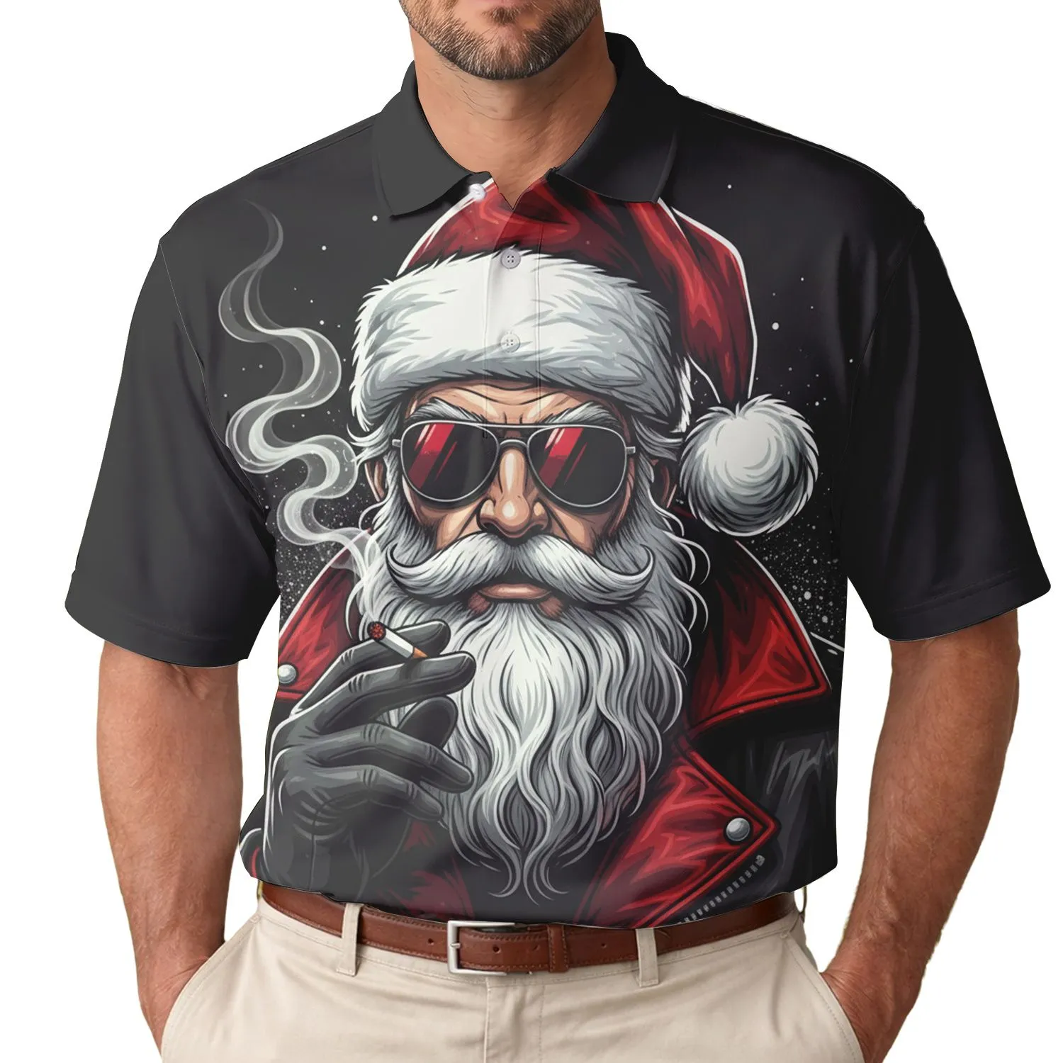 Smoking Santa Claus Sunglasses Red Hat White Beard - Christmas Holiday Season Gift for Dads Men's Polo Shirt - 1