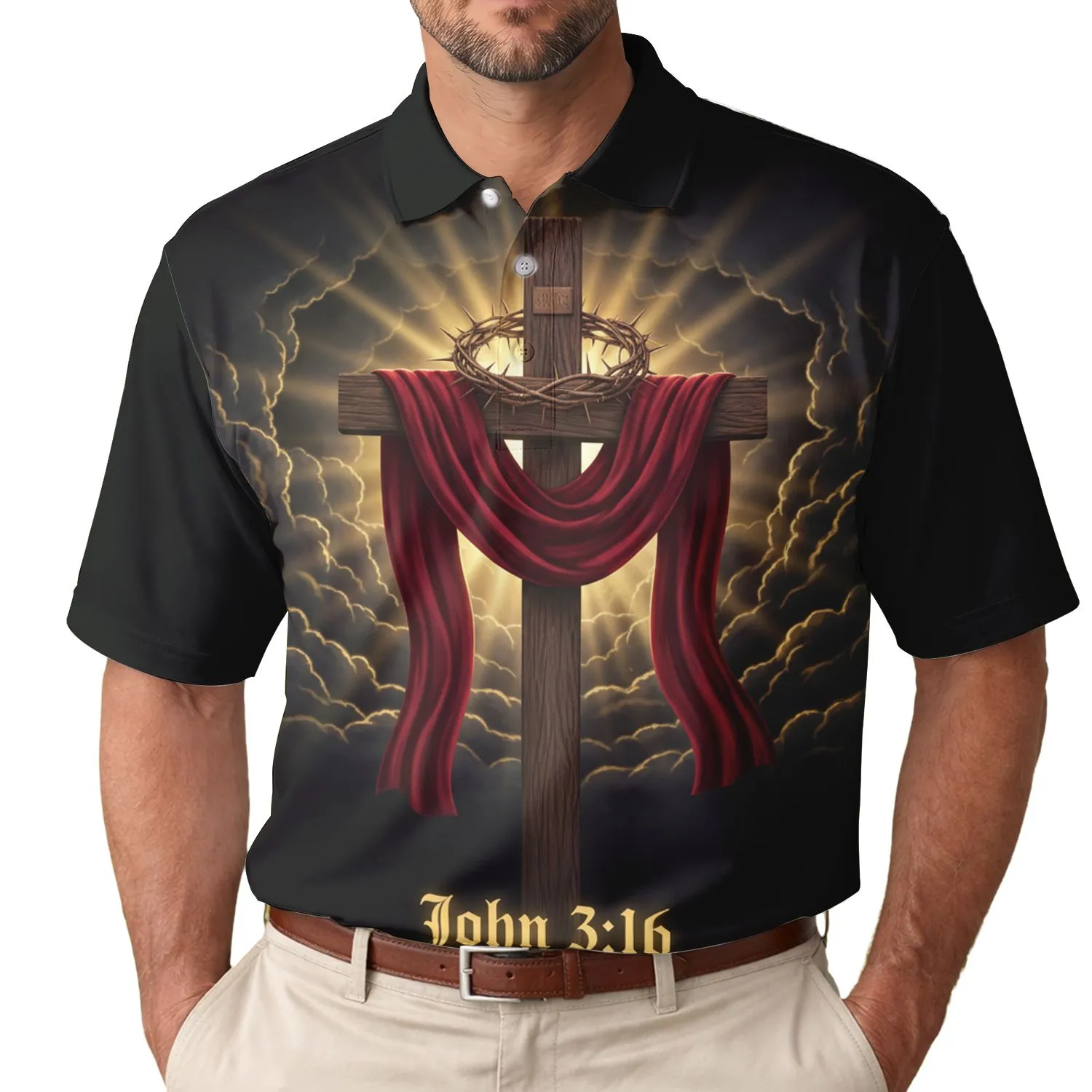 Dark Wooden Cross Crown of Thorns John 3:16 - Christian Faith Gift for Believers Men's Polo Shirt - 1