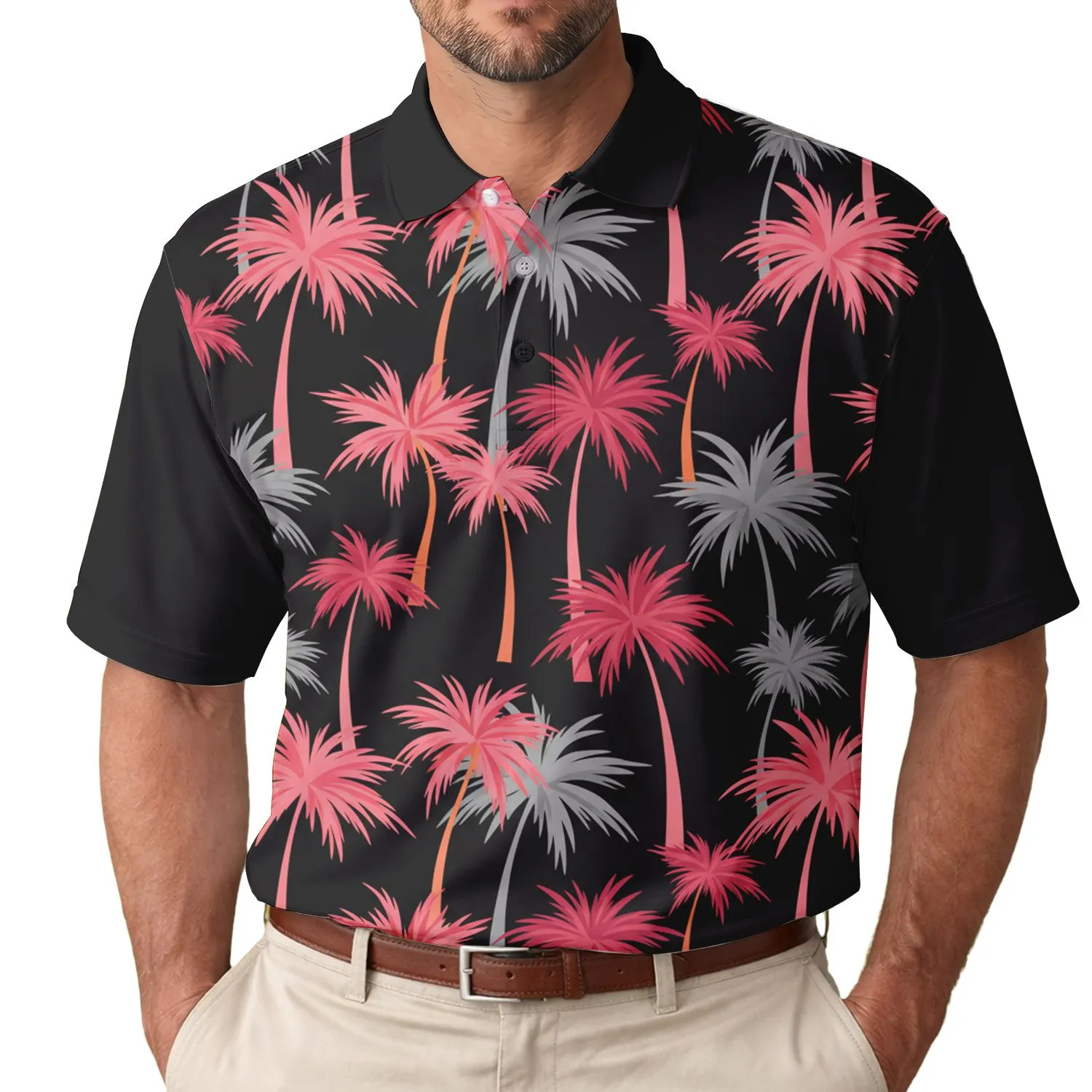 Pink Red Grey Palm Trees Orange Accents Black - Tropical Vacation Lifestyle Gift Men's Polo Shirt - 1