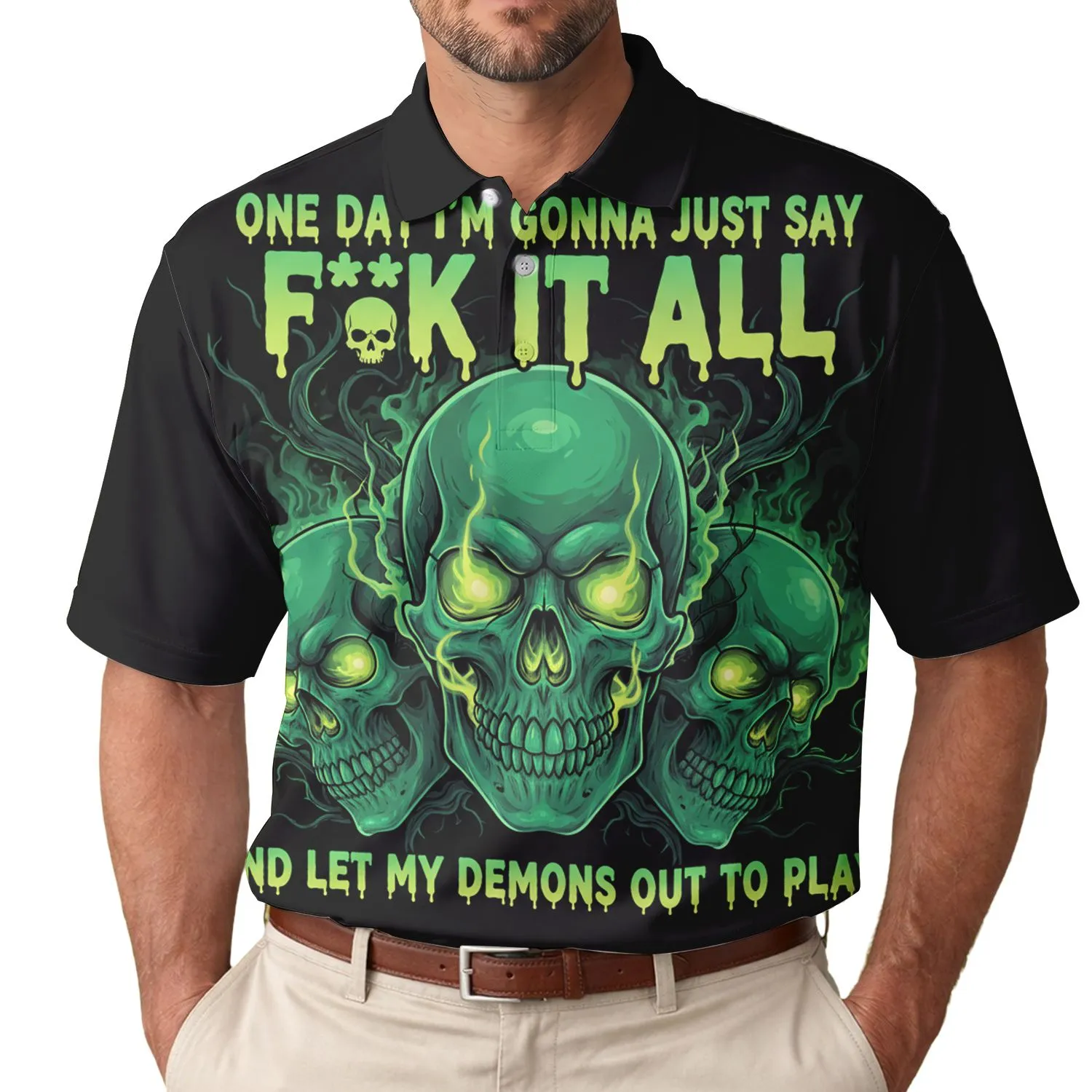 Three Glowing Emerald Skulls Dark Gnarled Vines Toxic Green Text - Skull Lover Gift Men's Polo Shirt - 1