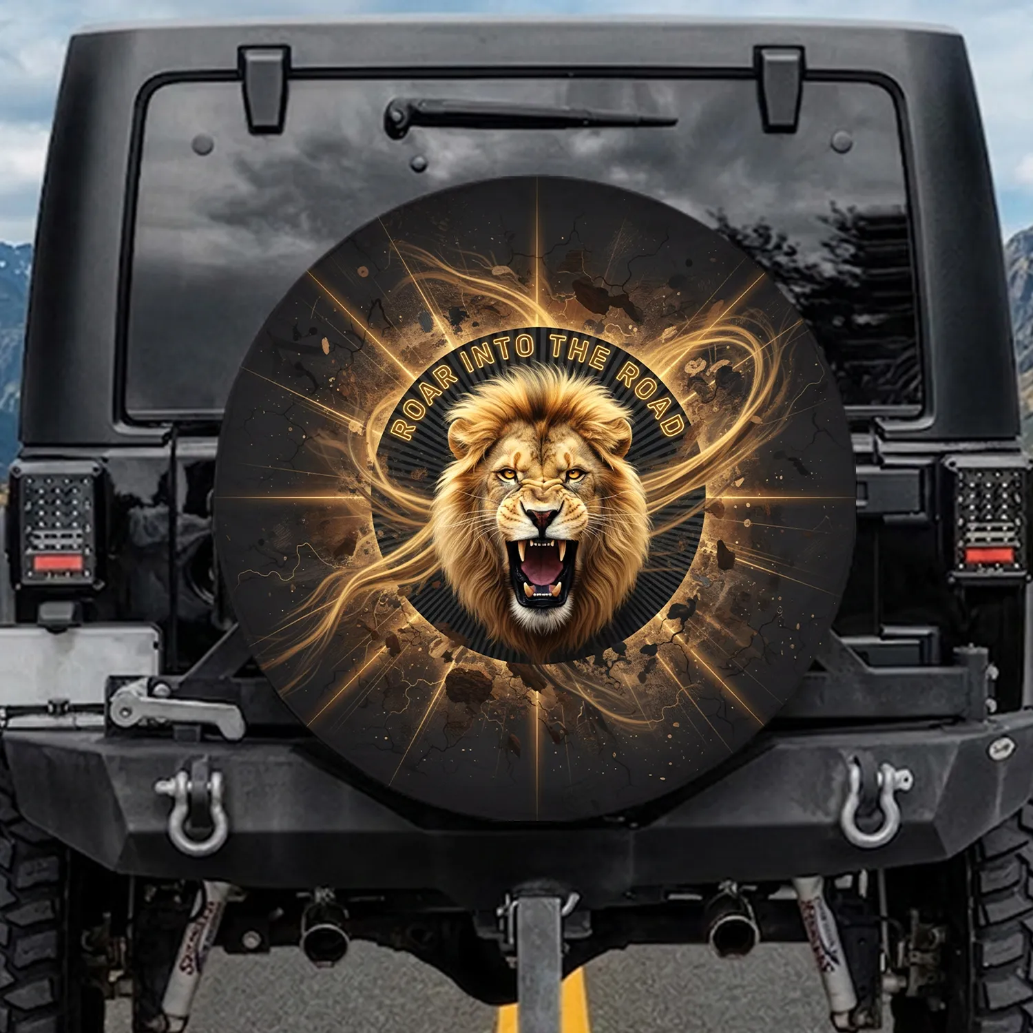Roaring Lion Head Dark Ribbed Pattern 'ROAR INTO THE ROAD' - Adventure Travel Gear Gift Spare Tire Cover - 1