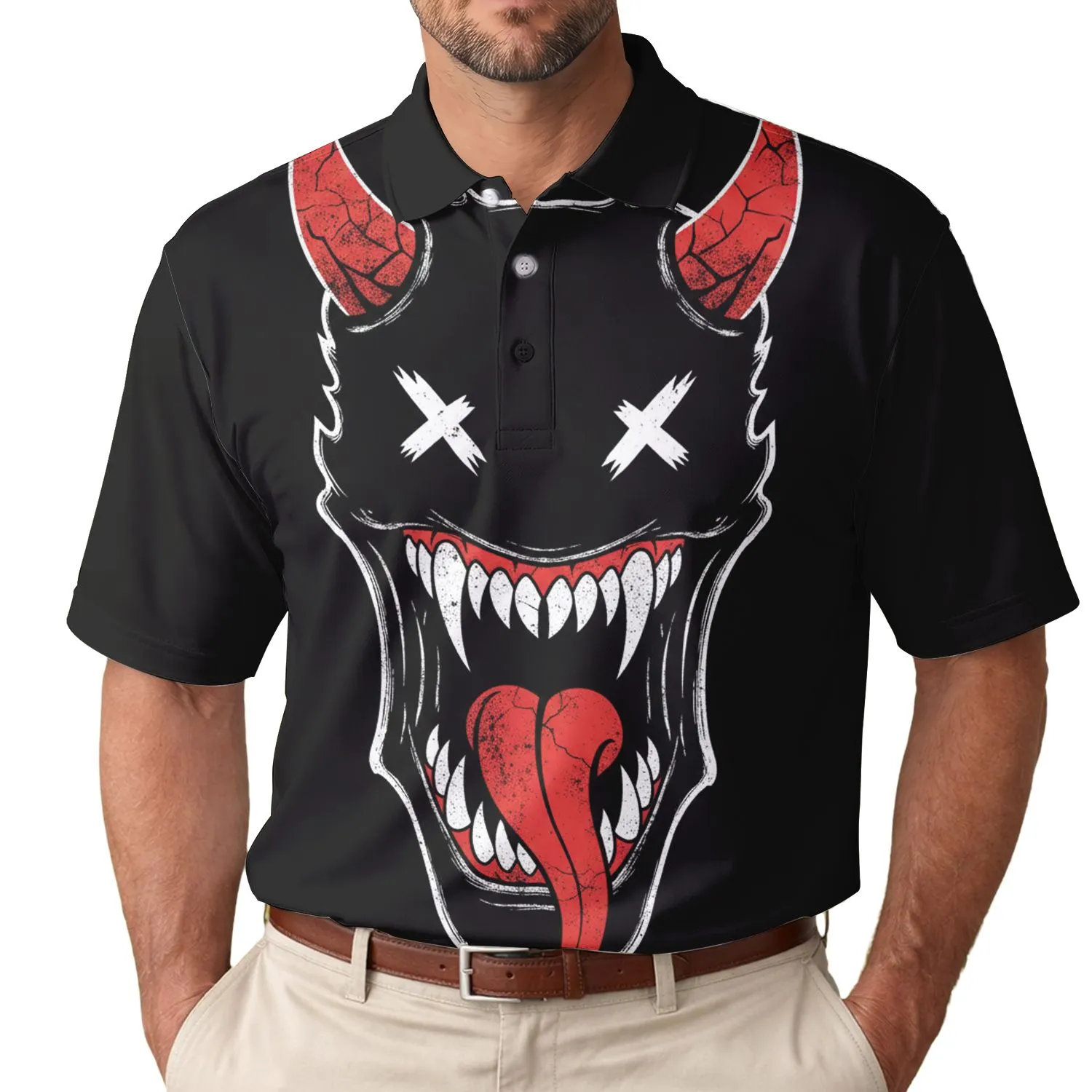 Monster Face Red Horns X Eyes Jagged Teeth Red Tongue - Monster Lover Gift Men's Polo Shirt - 1