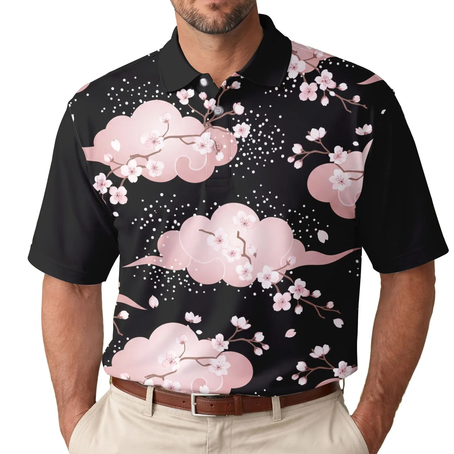 Organically Shaped Pink Clouds Cherry Blossom Petals White Dots - Lifestyle Gift Men's Polo Shirt - 1