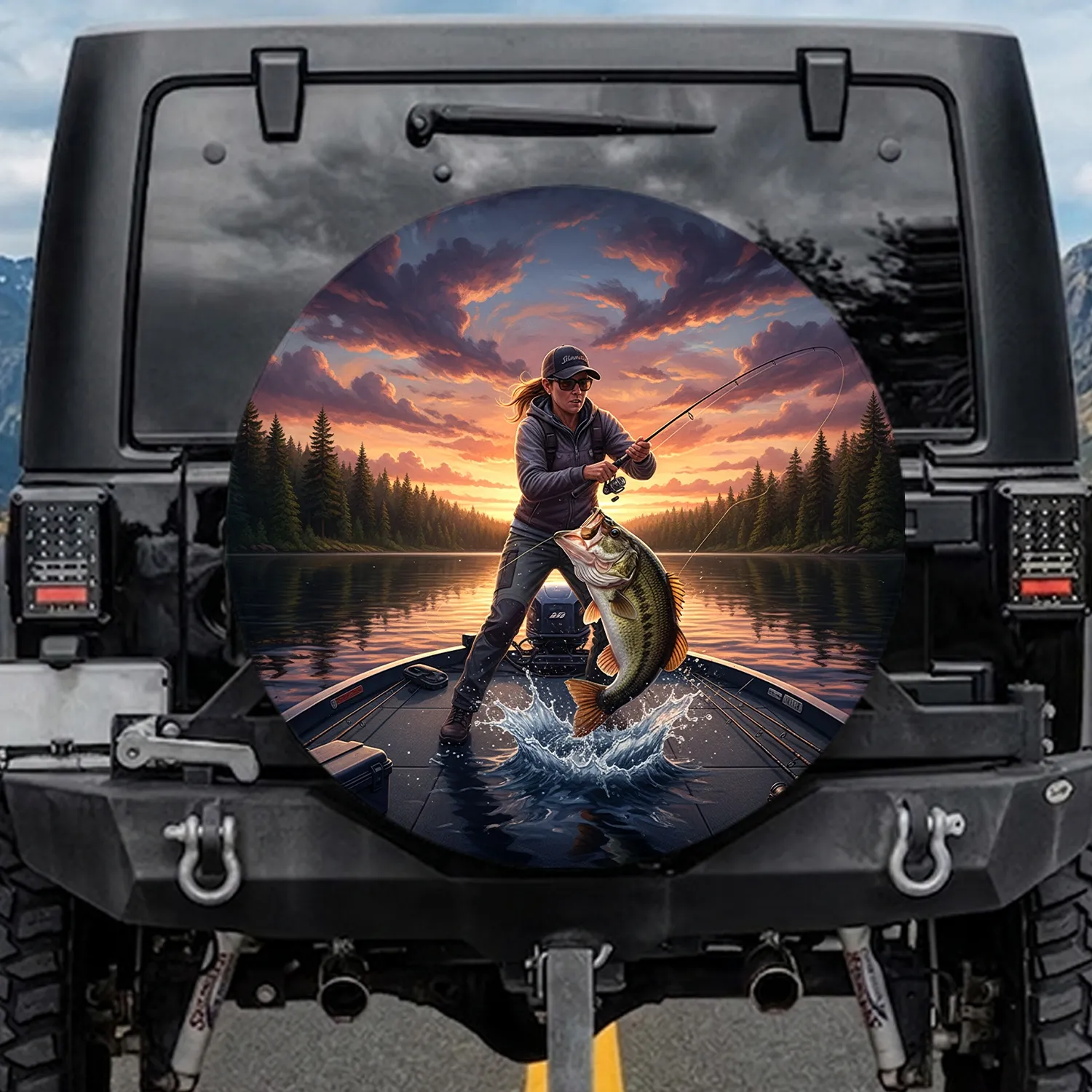 Woman Angler Bass Fishing Sunset Lake - Fishing Enthusiast Gift for Fisherwomen Spare Tire Cover - 1