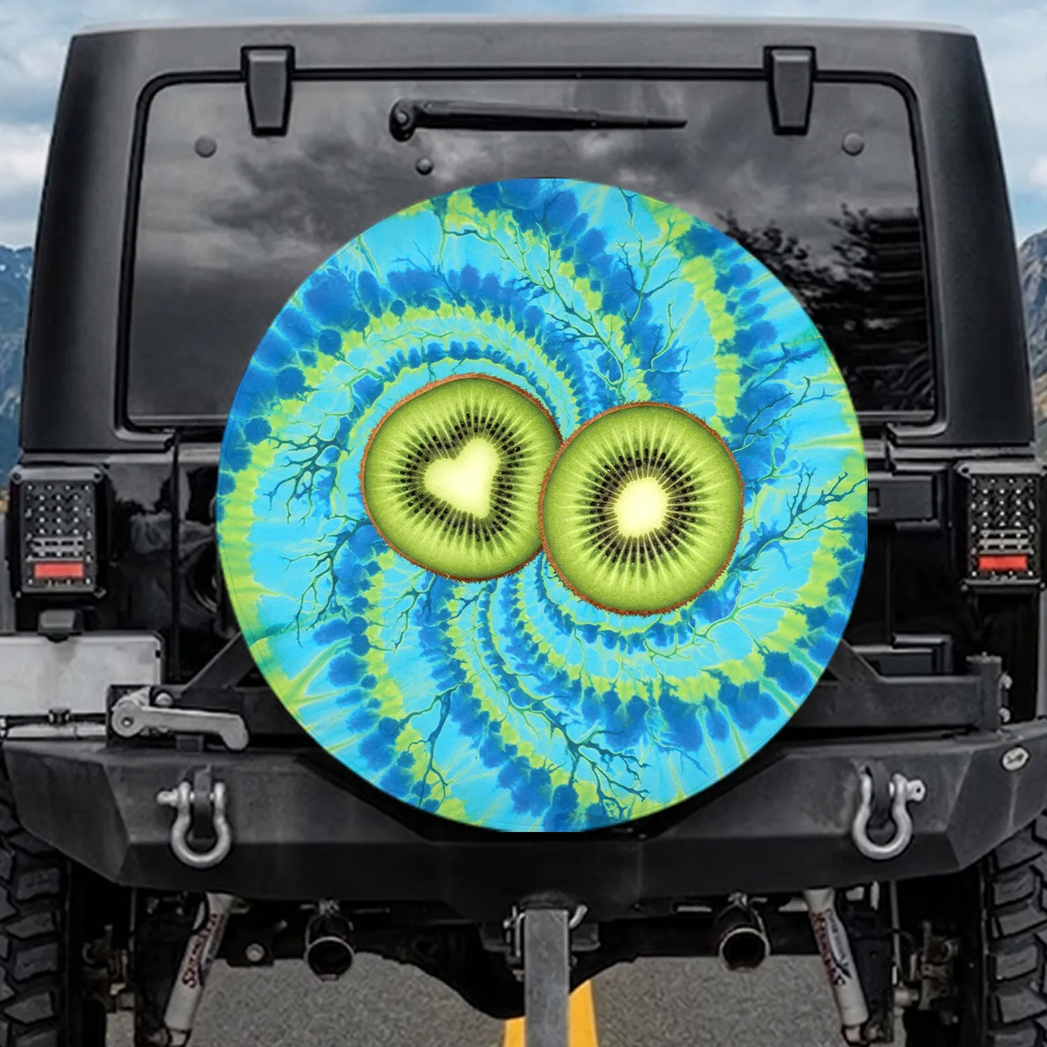 Kiwi Fruit Halves Heart Tie-Dye Swirl - Outdoor Adventure Gift Spare Tire Cover - 1