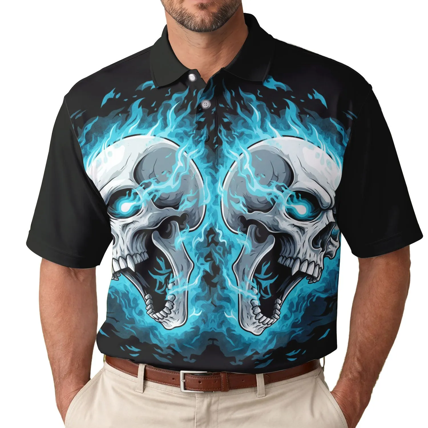 Symmetrically Mirrored White Skull Heads and Glowing Cyan Flames - Skull Lover Gift Men's Polo Shirt - 1